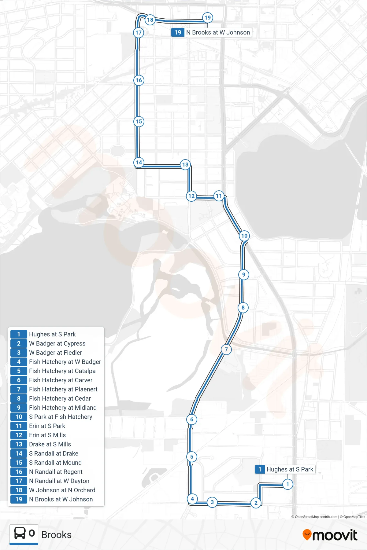 O bus Line (Brooks) route and stops on a map