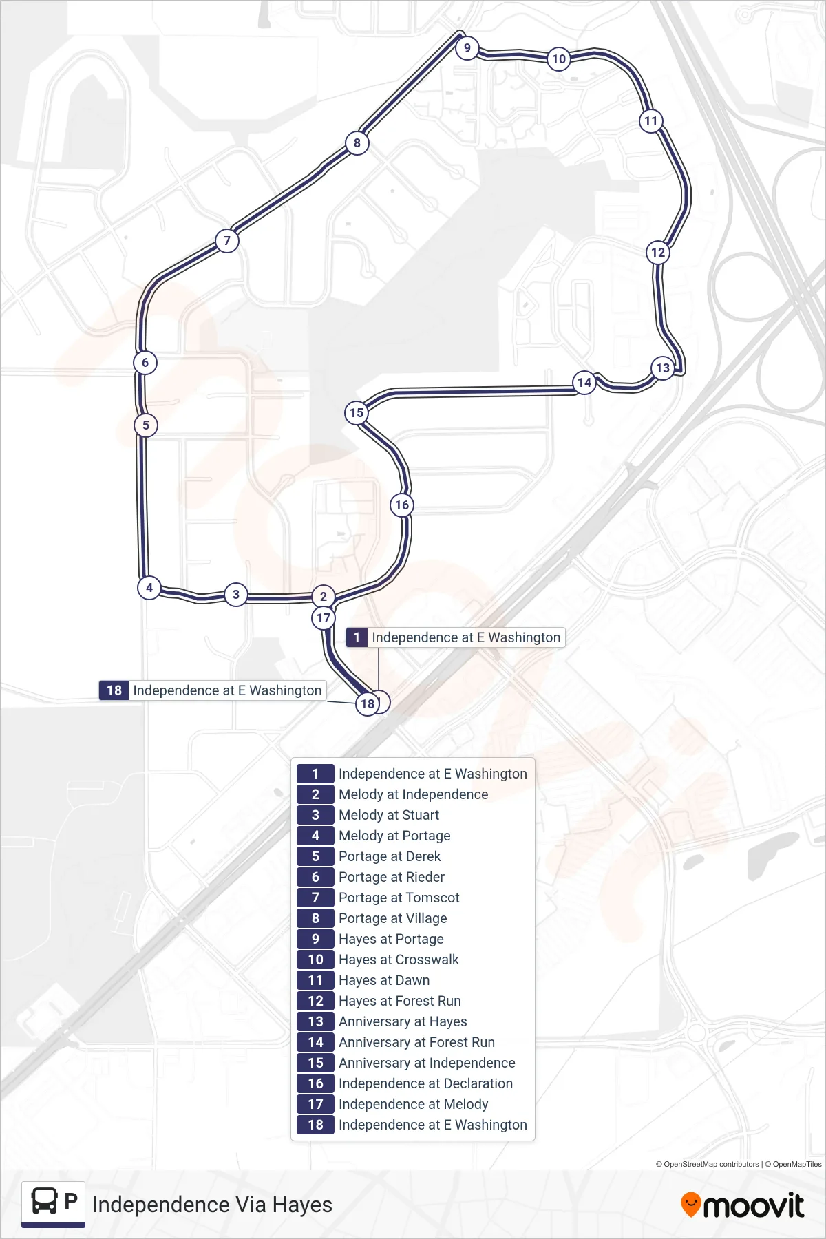 P bus Line (Independence Via Hayes) route and stops on a map