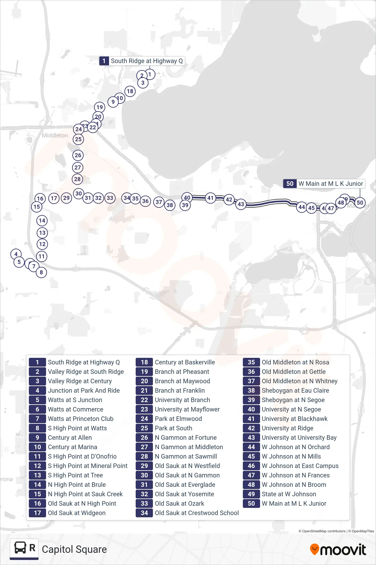 R bus Line (Capitol Square) route and stops on a map