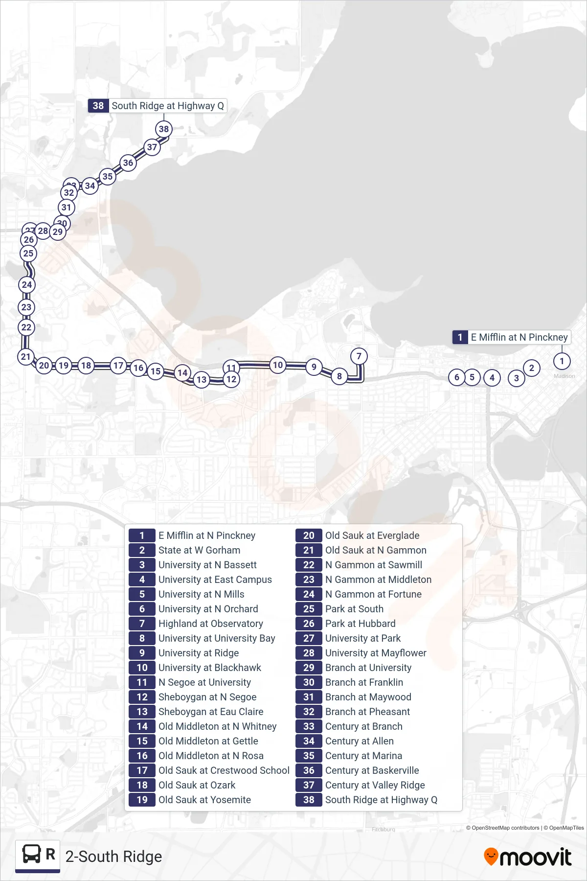 R bus Line (2-South Ridge) route and stops on a map