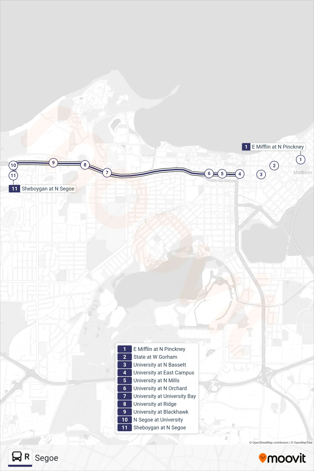 R bus Line (Segoe) route and stops on a map