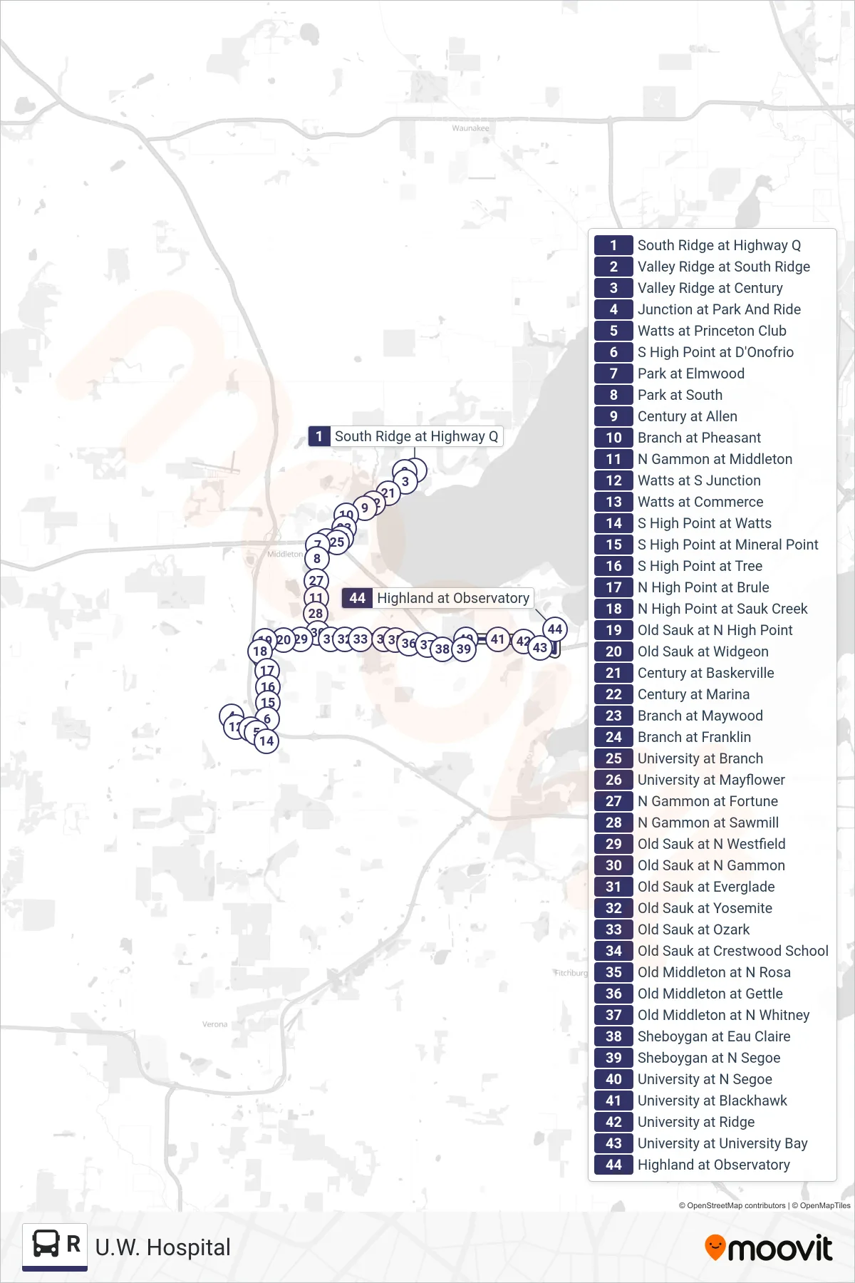 R bus Line (U.W. Hospital) route and stops on a map