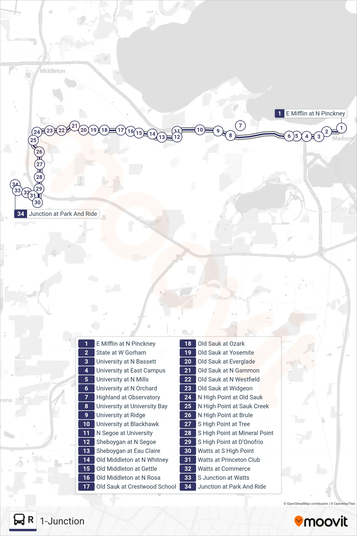 R bus Line (1-Junction) route and stops on a map