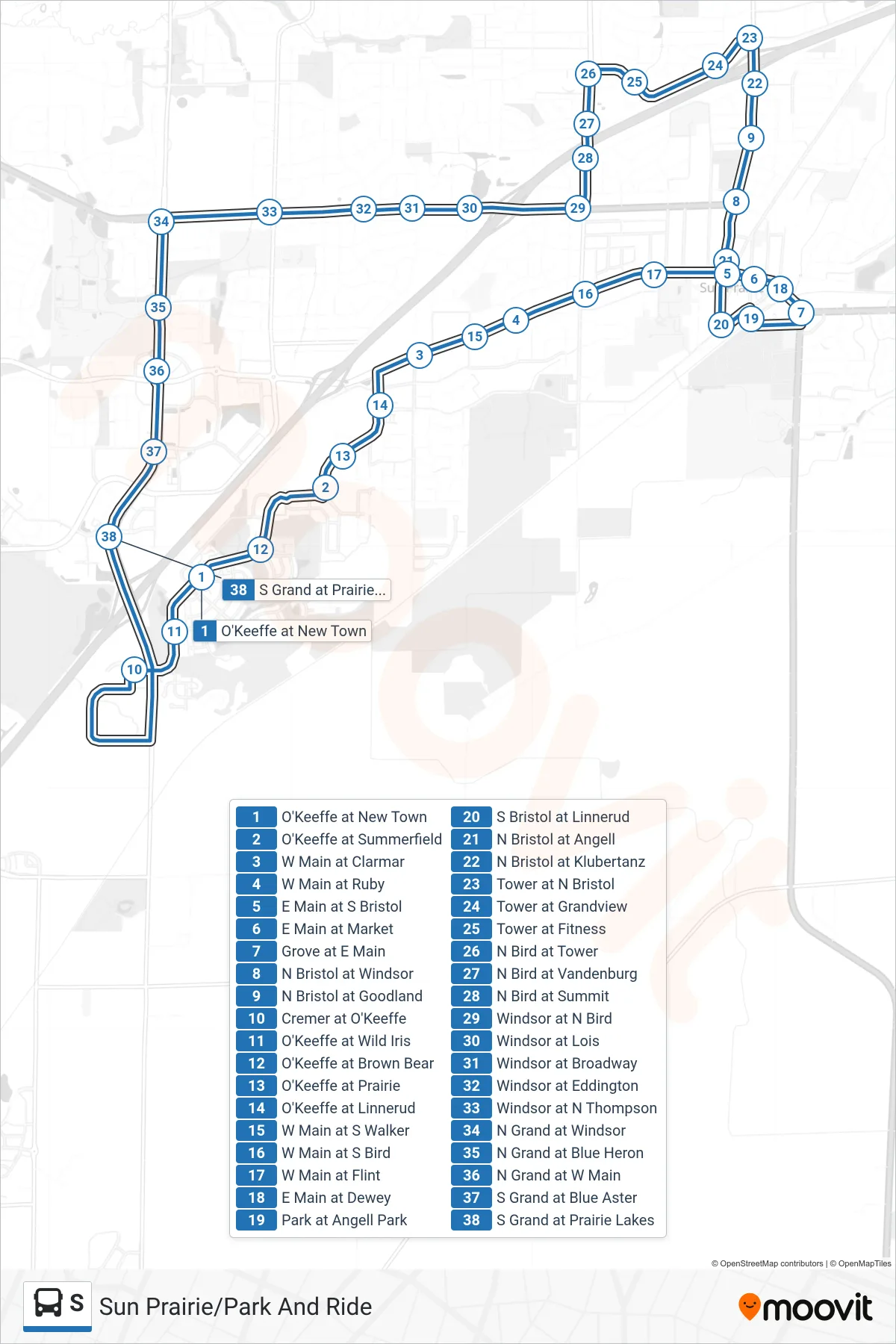 S bus Line (Sun Prairie/Park And Ride) route and stops on a map