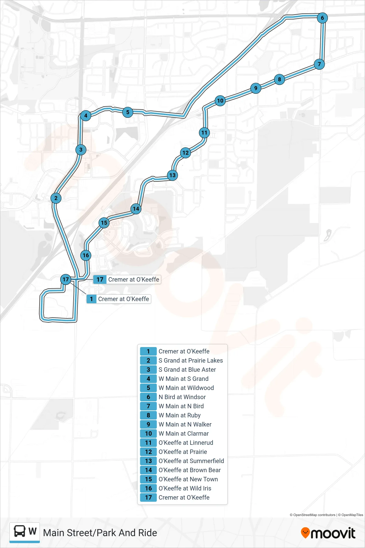 W bus Line (Main Street/Park And Ride) route and stops on a map