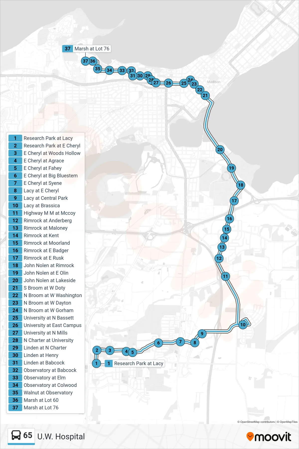 65 bus Line (U.W. Hospital) route and stops on a map
