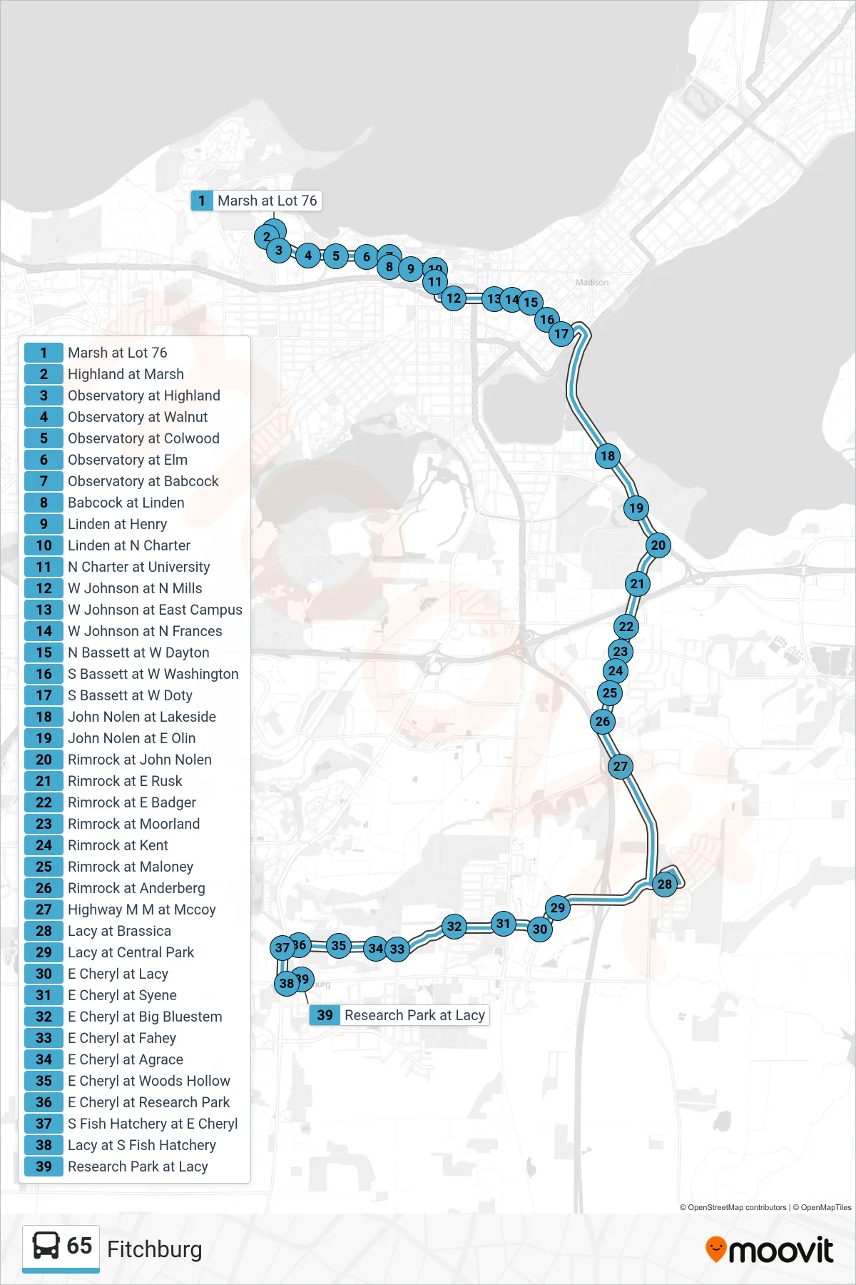 65 bus Line (Fitchburg) route and stops on a map