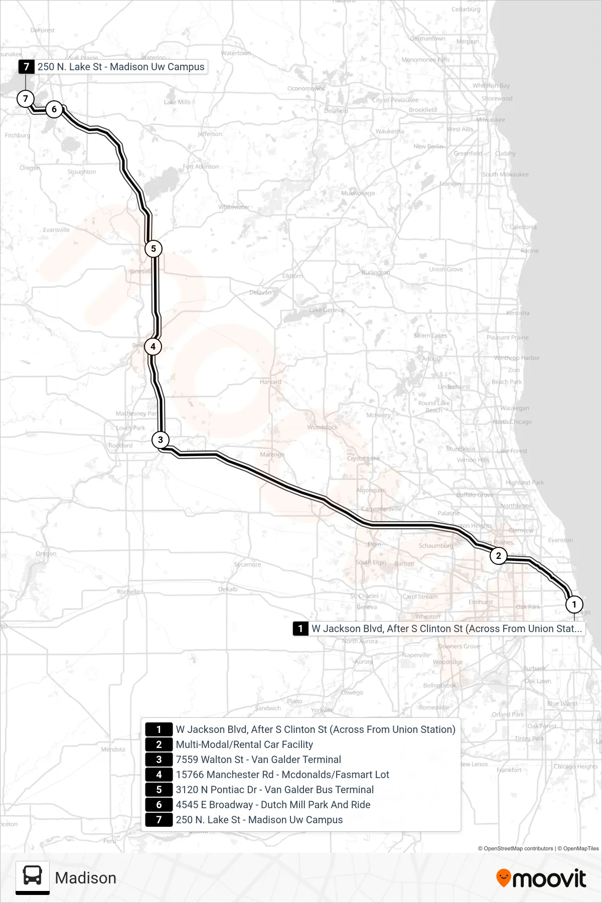 VAN GALDER bus Line (Madison) route and stops on a map