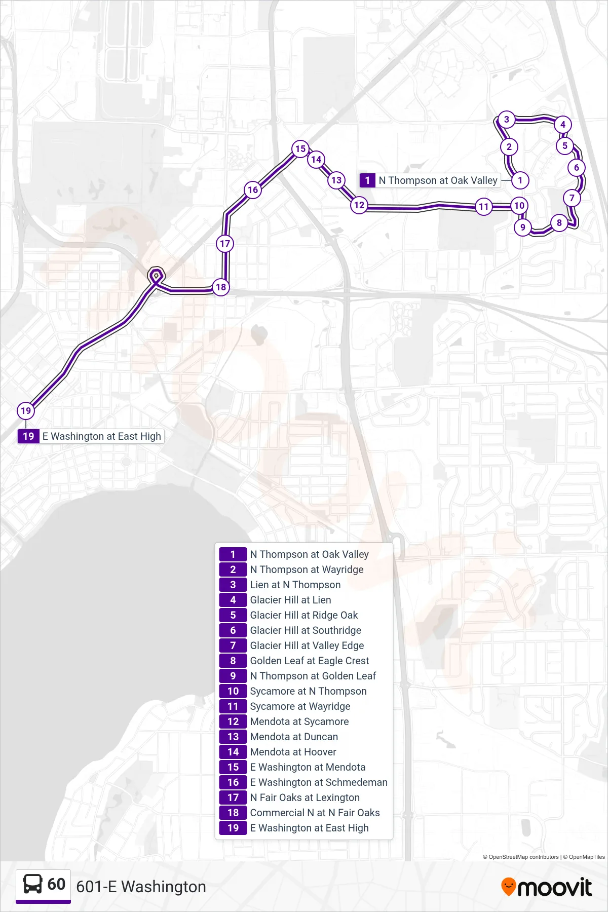 60 bus Line (601-E Washington) route and stops on a map