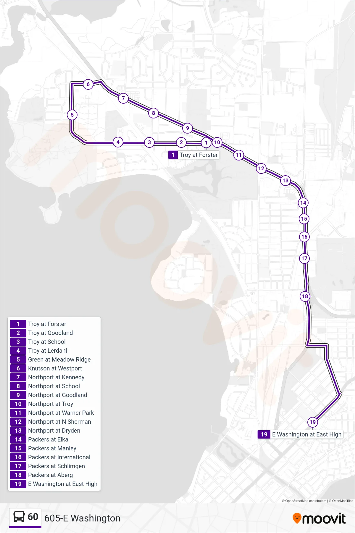 60 bus Line (605-E Washington) route and stops on a map