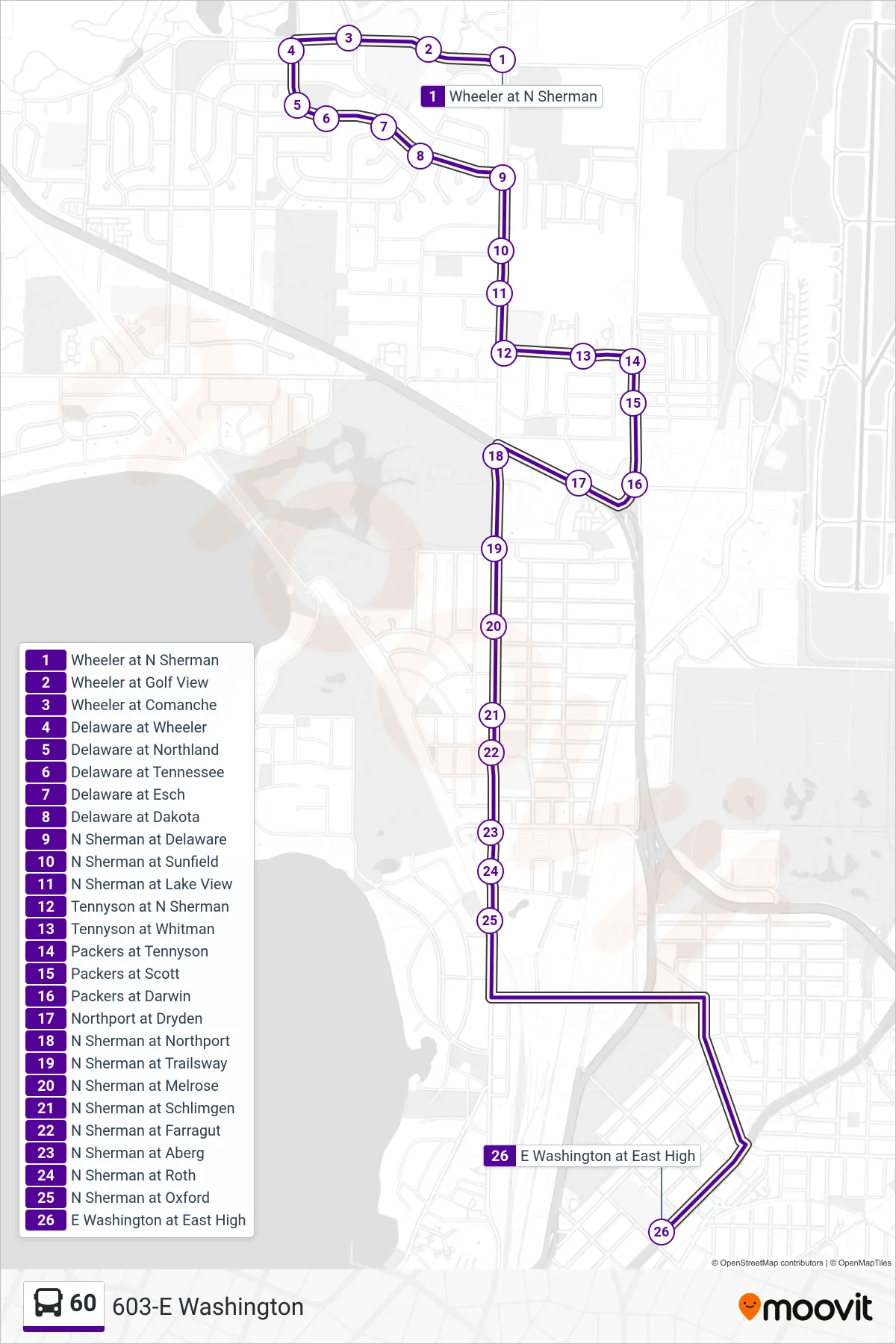 60 bus Line (603-E Washington) route and stops on a map