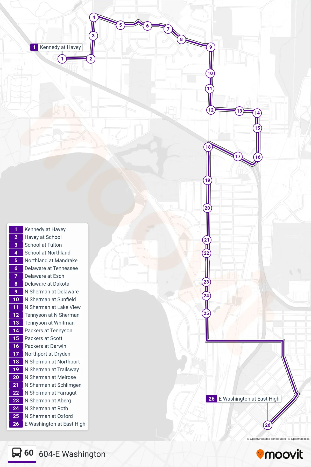 60 bus Line (604-E Washington) route and stops on a map