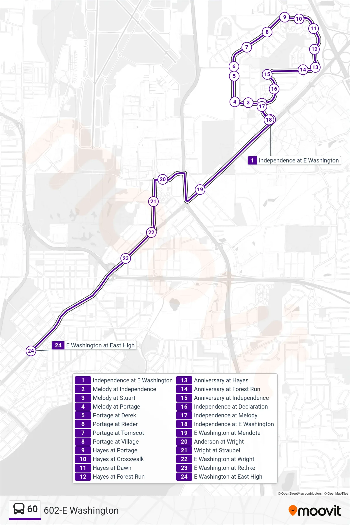60 bus Line (602-E Washington) route and stops on a map