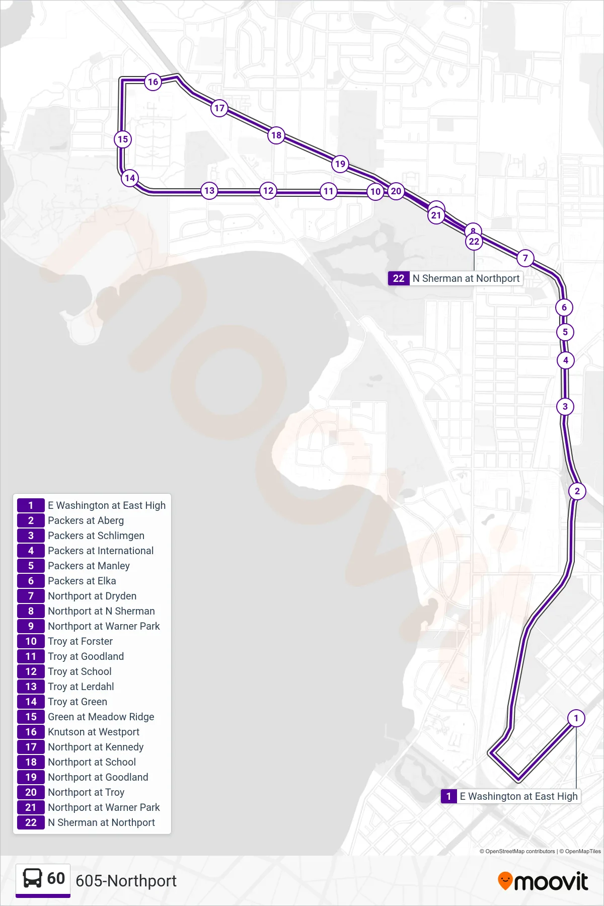 60 bus Line (605-Northport) route and stops on a map