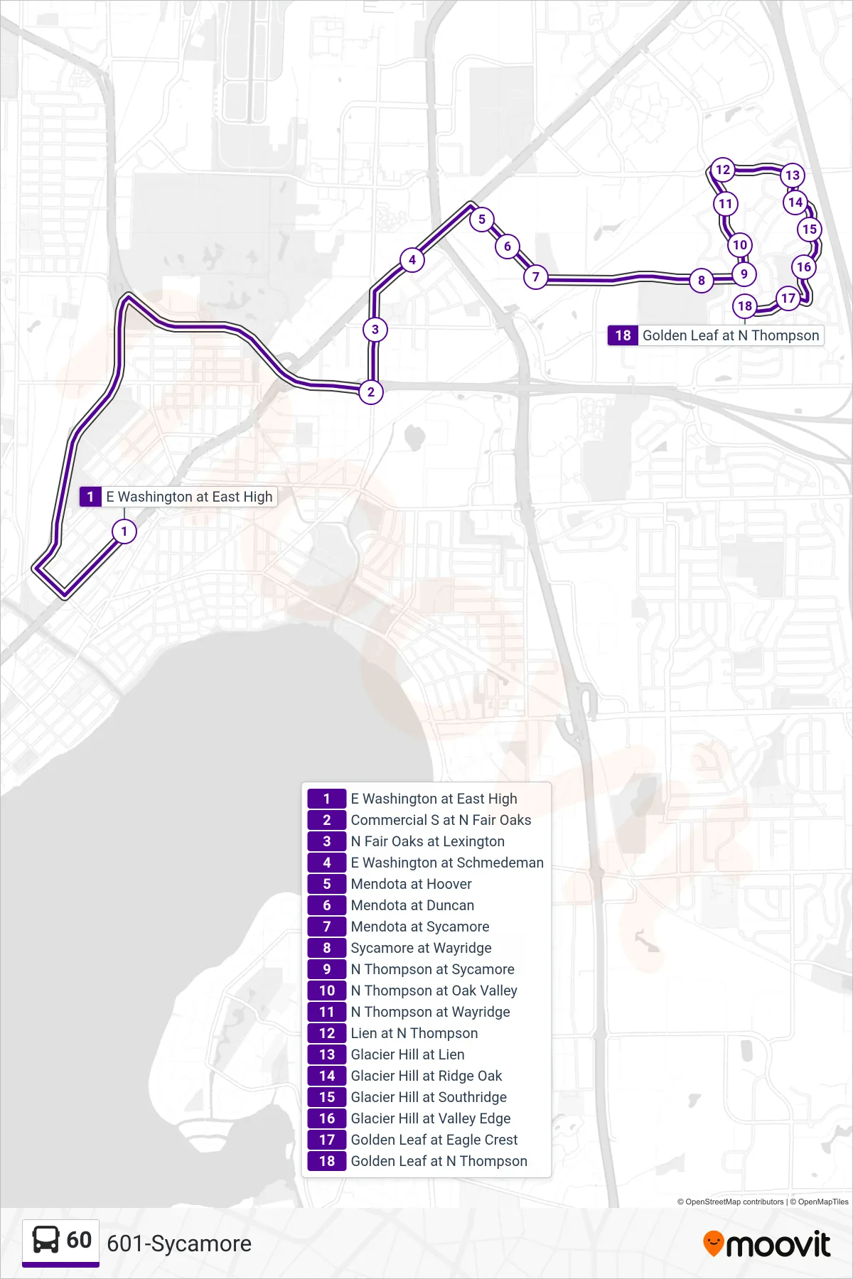 60 bus Line (601-Sycamore) route and stops on a map