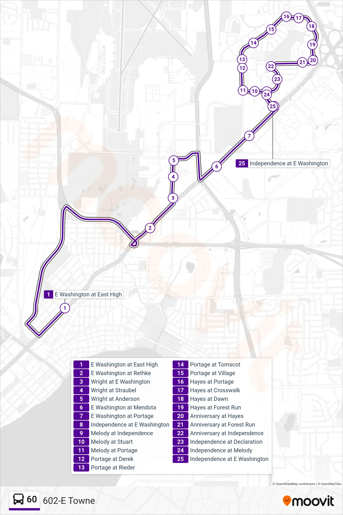 60 bus Line (602-E Towne) route and stops on a map