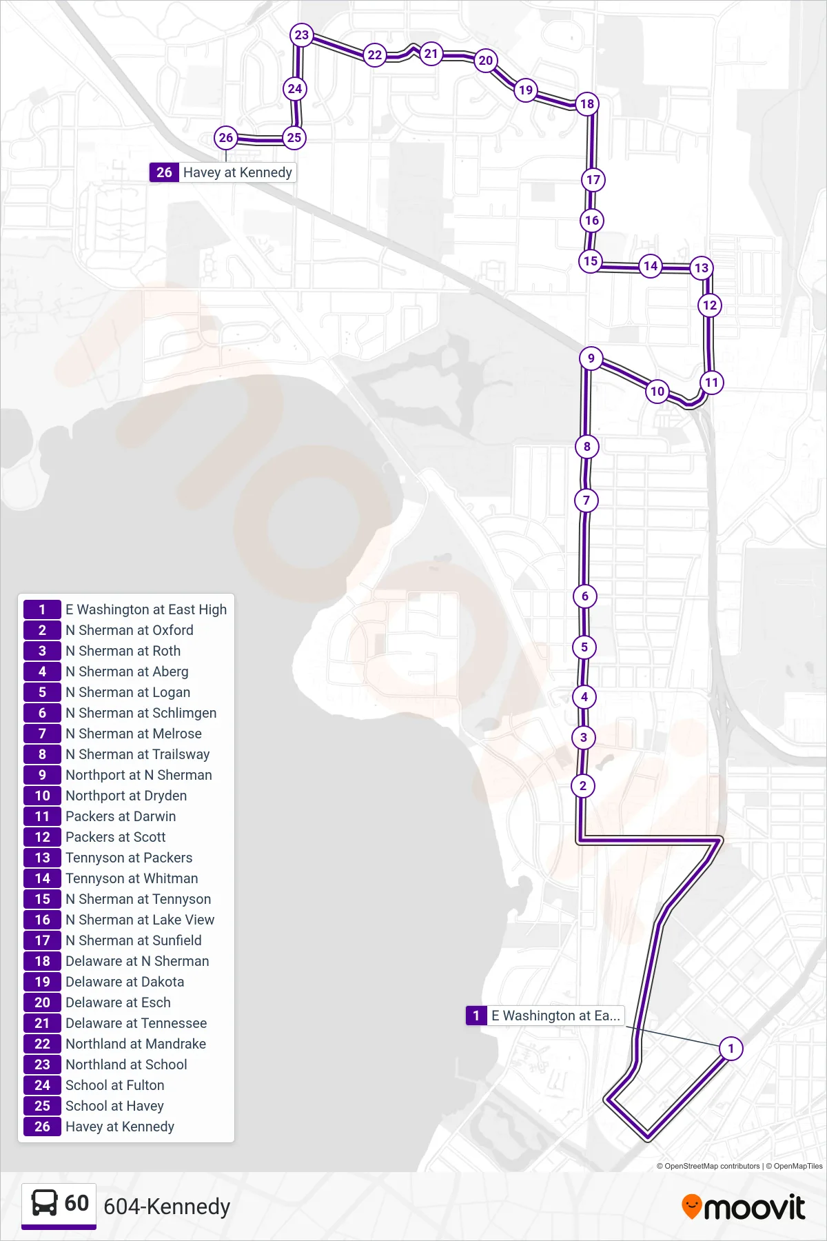 60 bus Line (604-Kennedy) route and stops on a map