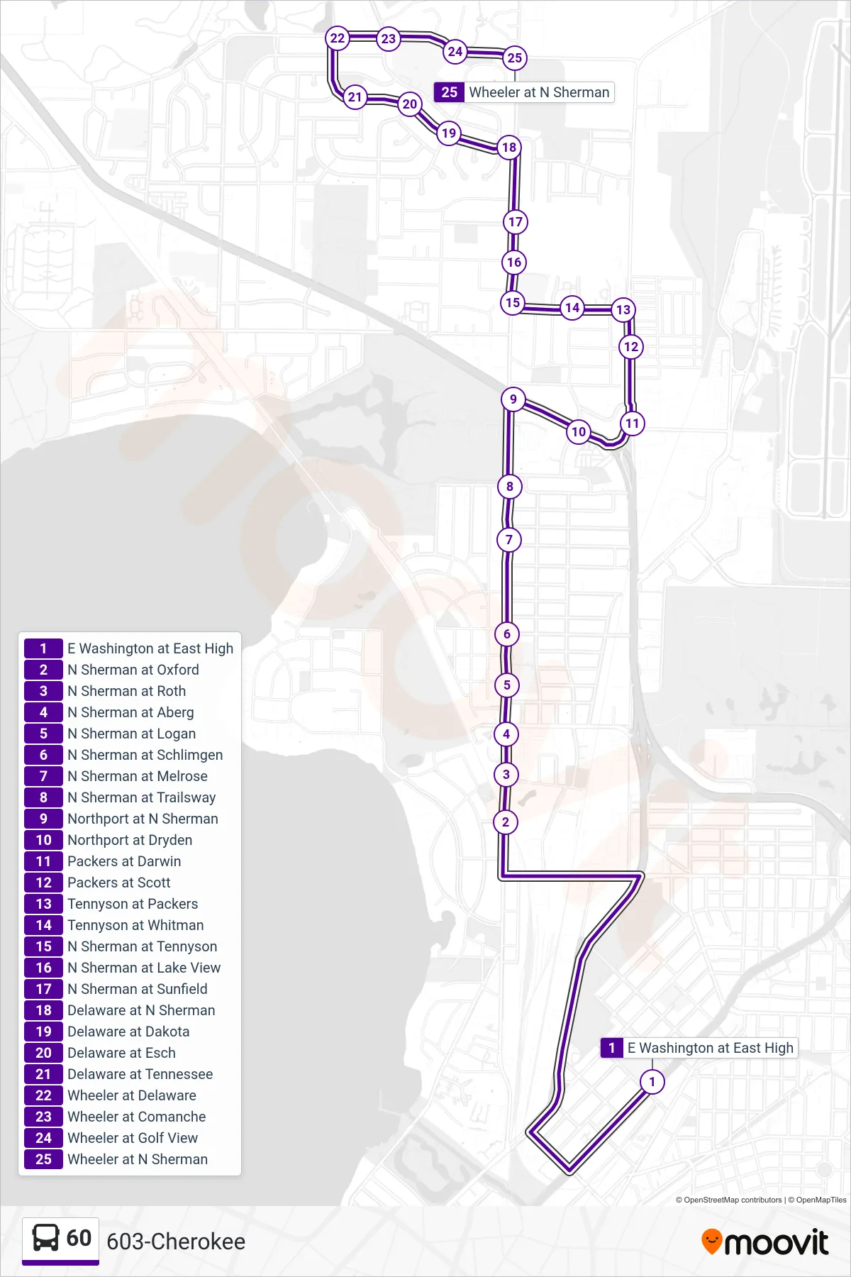 60 bus Line (603-Cherokee) route and stops on a map