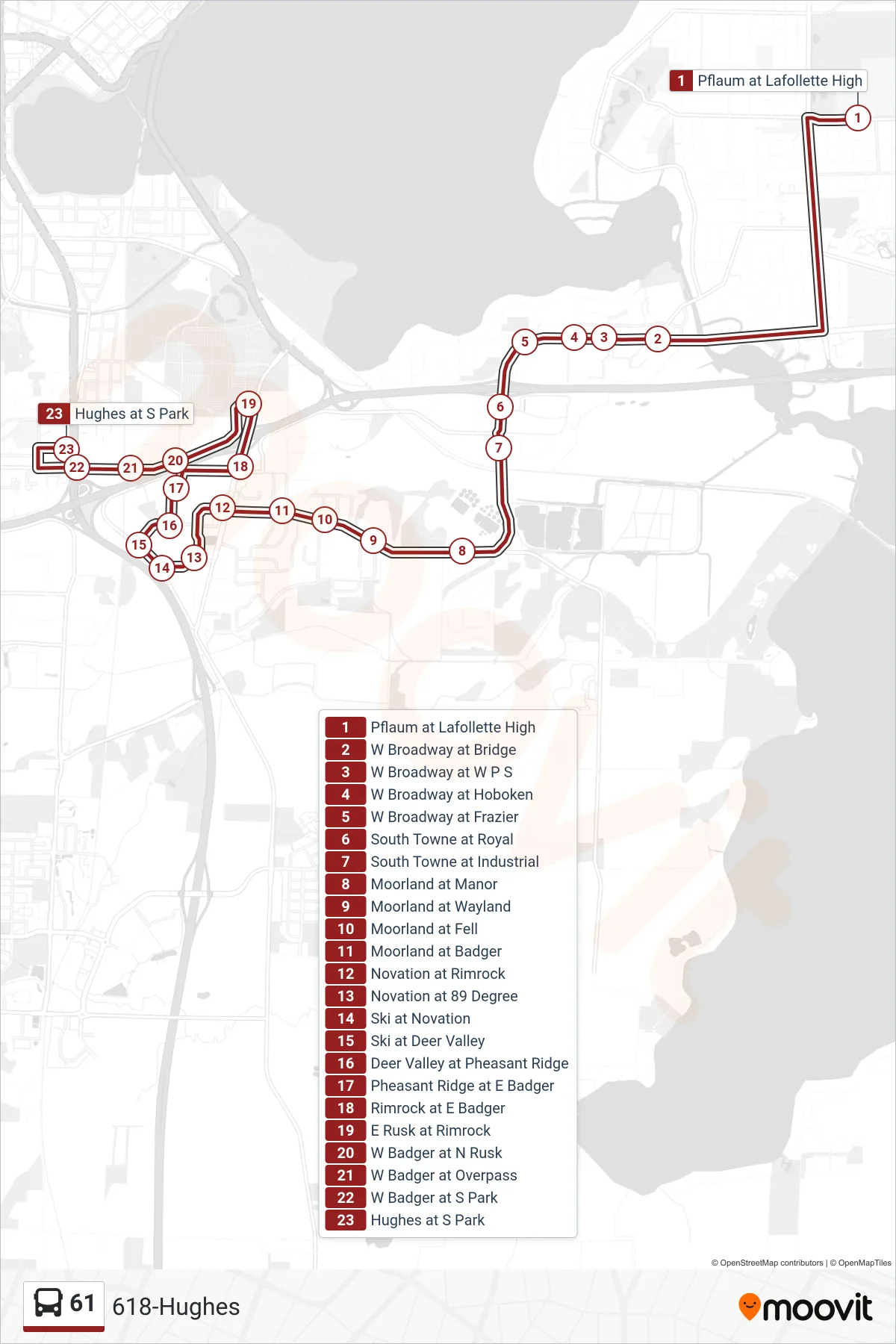 61 bus Line (618-Hughes) route and stops on a map