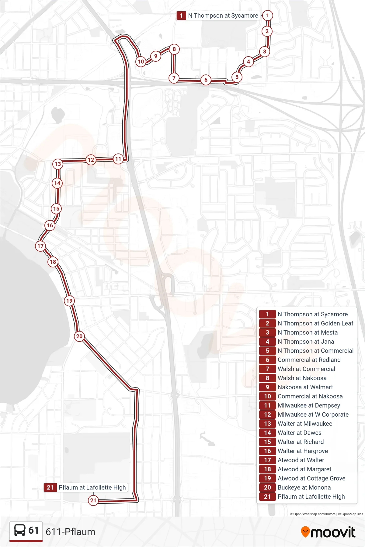 61 bus Line (611-Pflaum) route and stops on a map