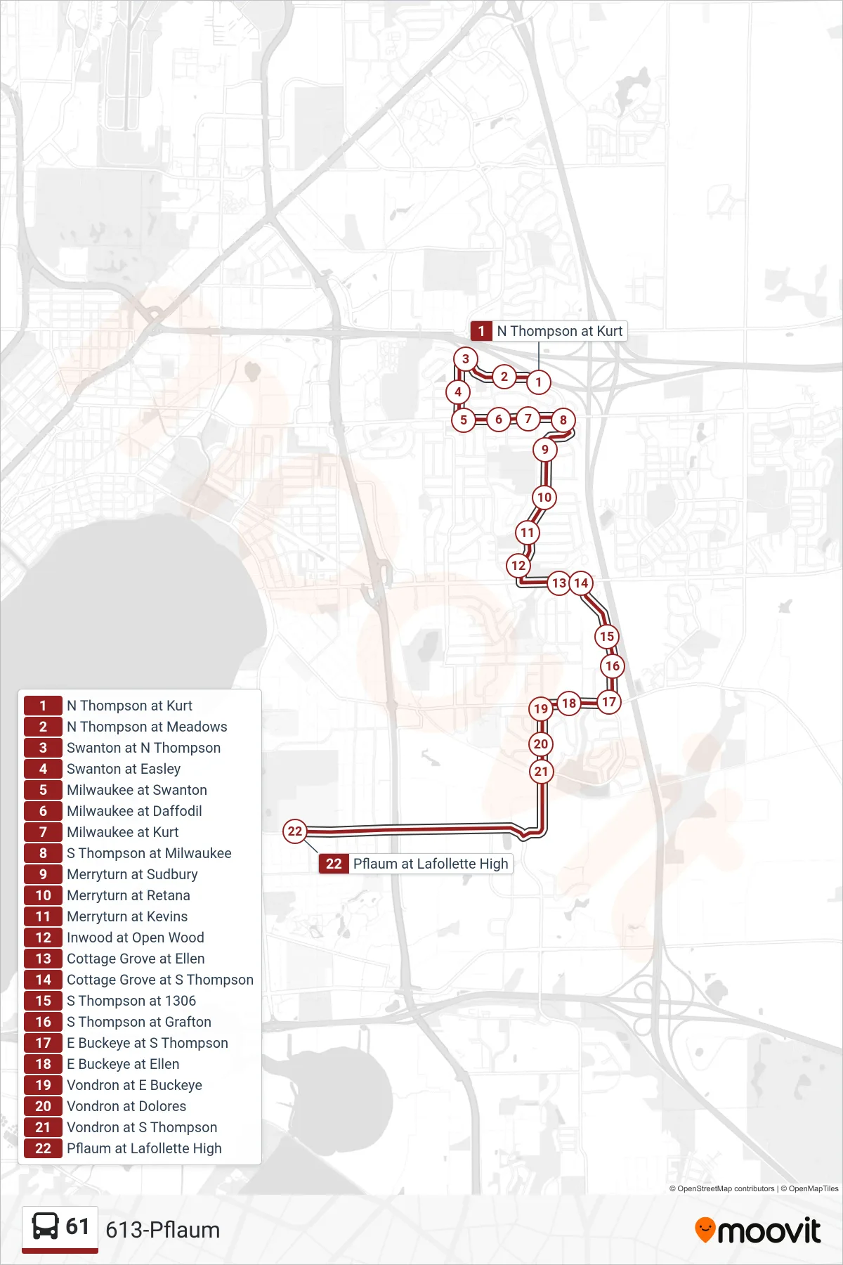 61 bus Line (613-Pflaum) route and stops on a map