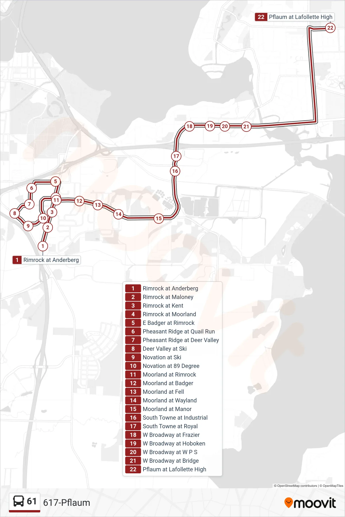61 bus Line (617-Pflaum) route and stops on a map