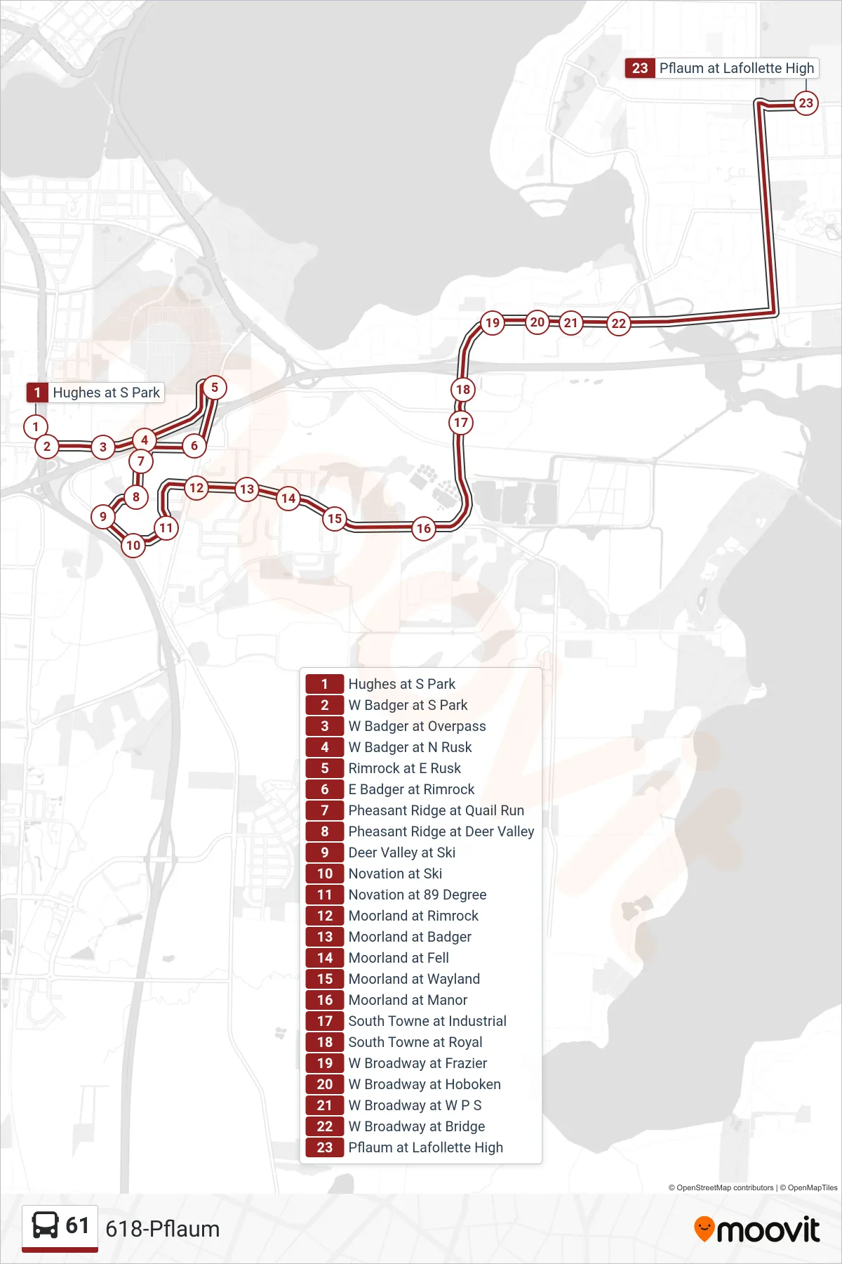 61 bus Line (618-Pflaum) route and stops on a map