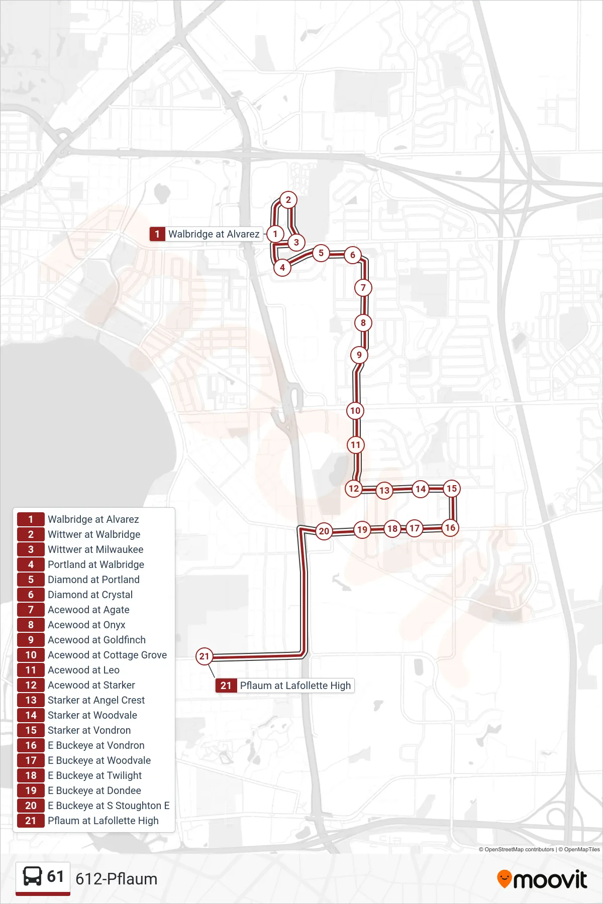 61 bus Line (612-Pflaum) route and stops on a map