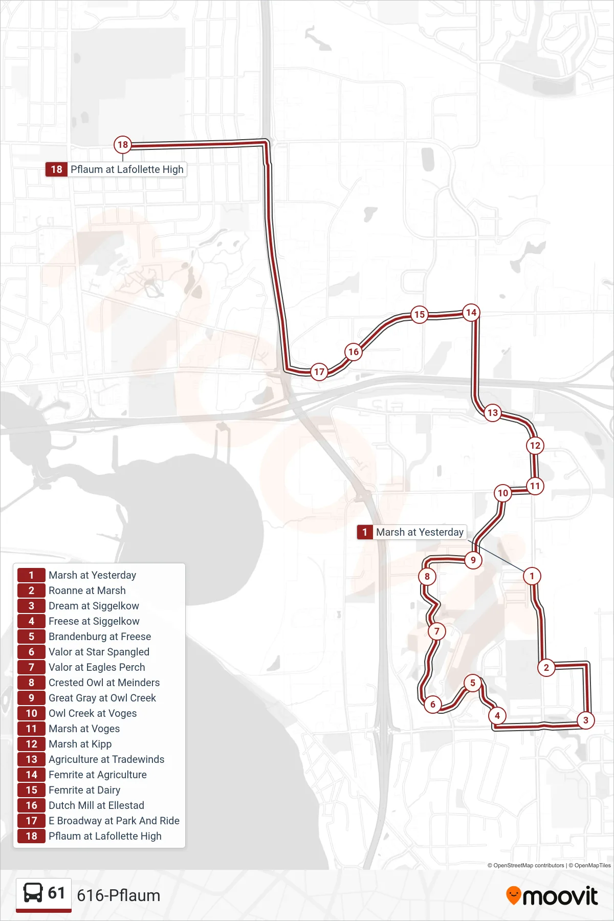 61 bus Line (616-Pflaum) route and stops on a map