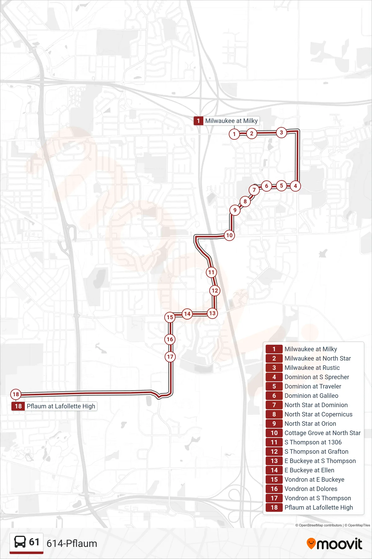 61 bus Line (614-Pflaum) route and stops on a map