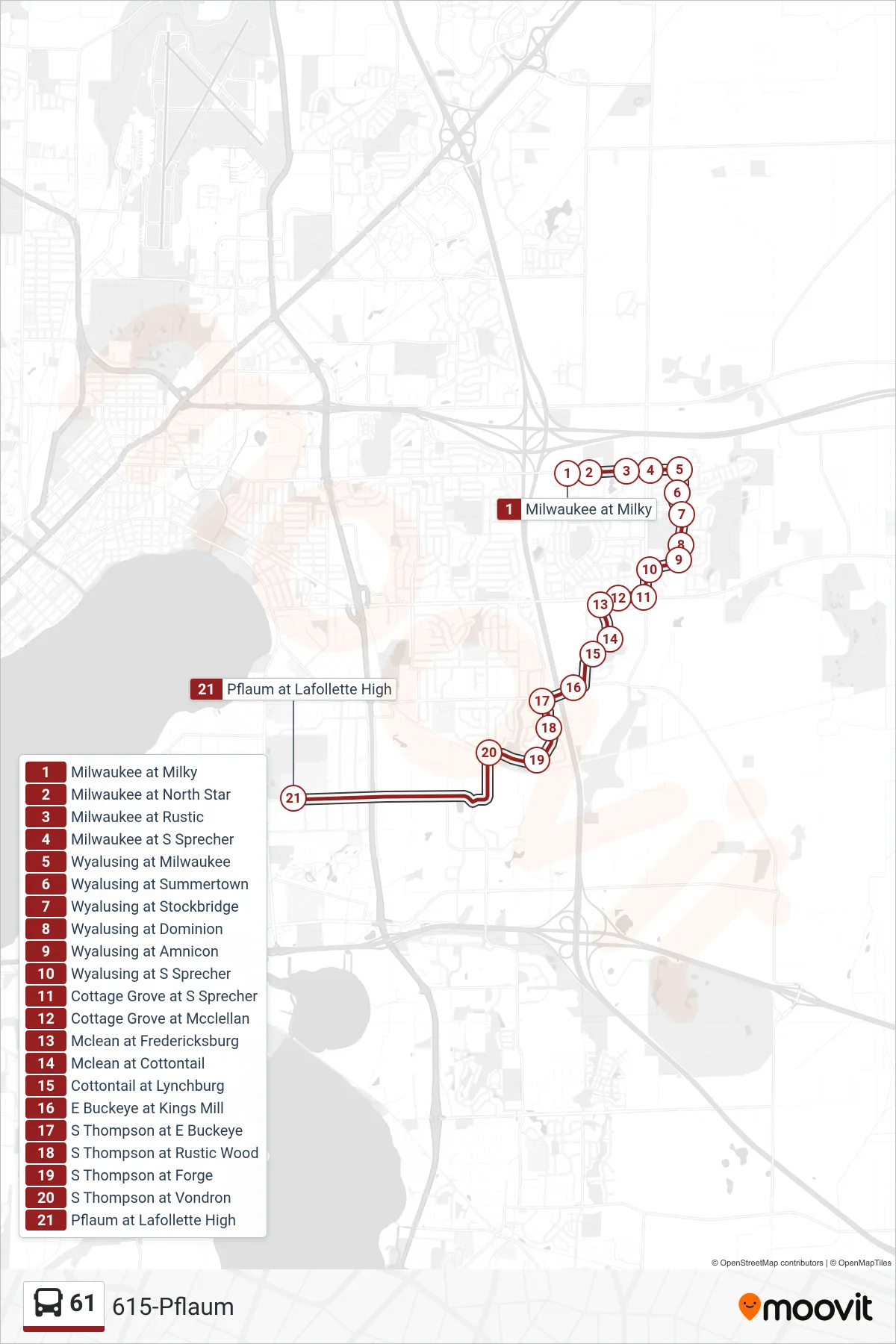 61 bus Line (615-Pflaum) route and stops on a map