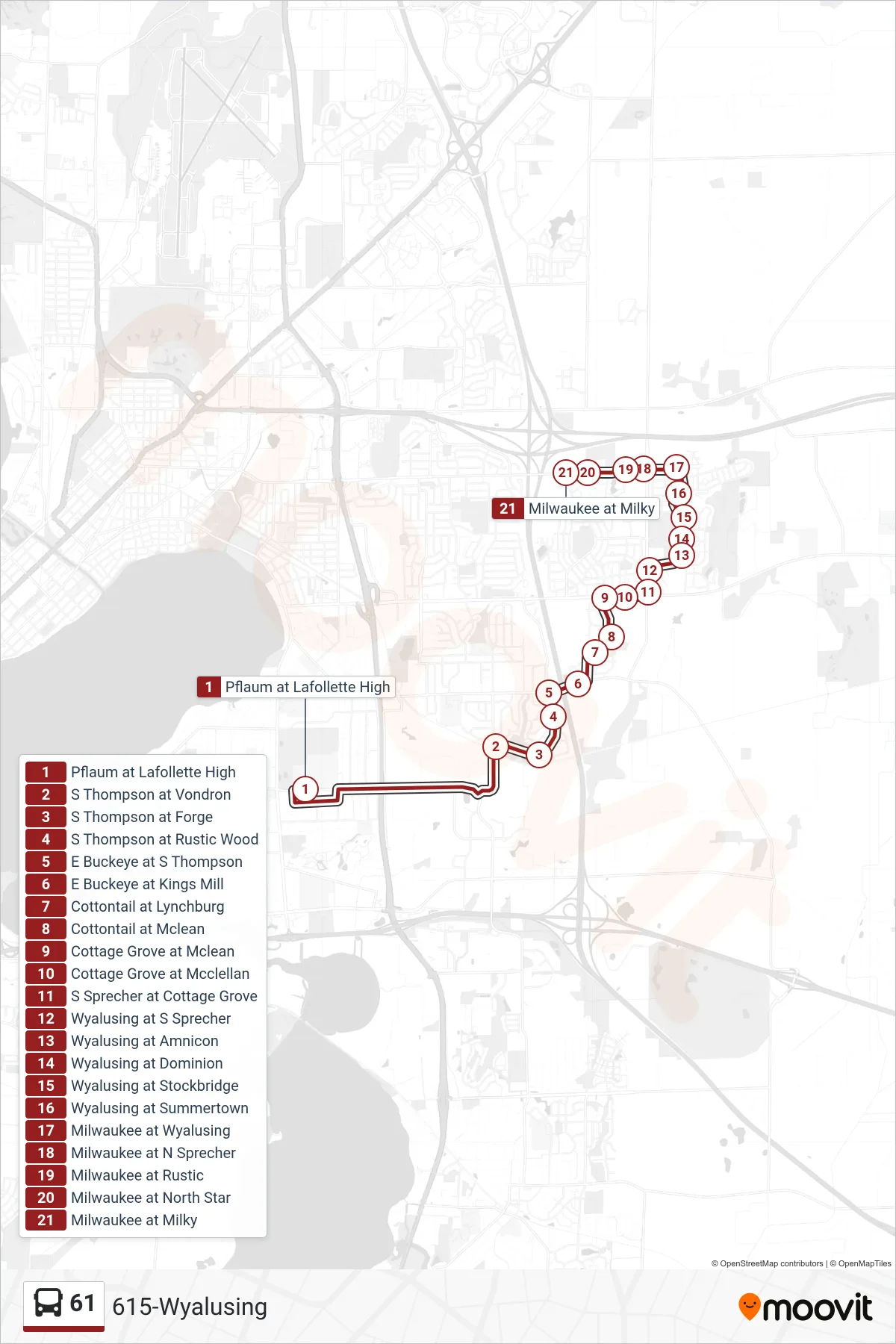 61 bus Line (615-Wyalusing) route and stops on a map