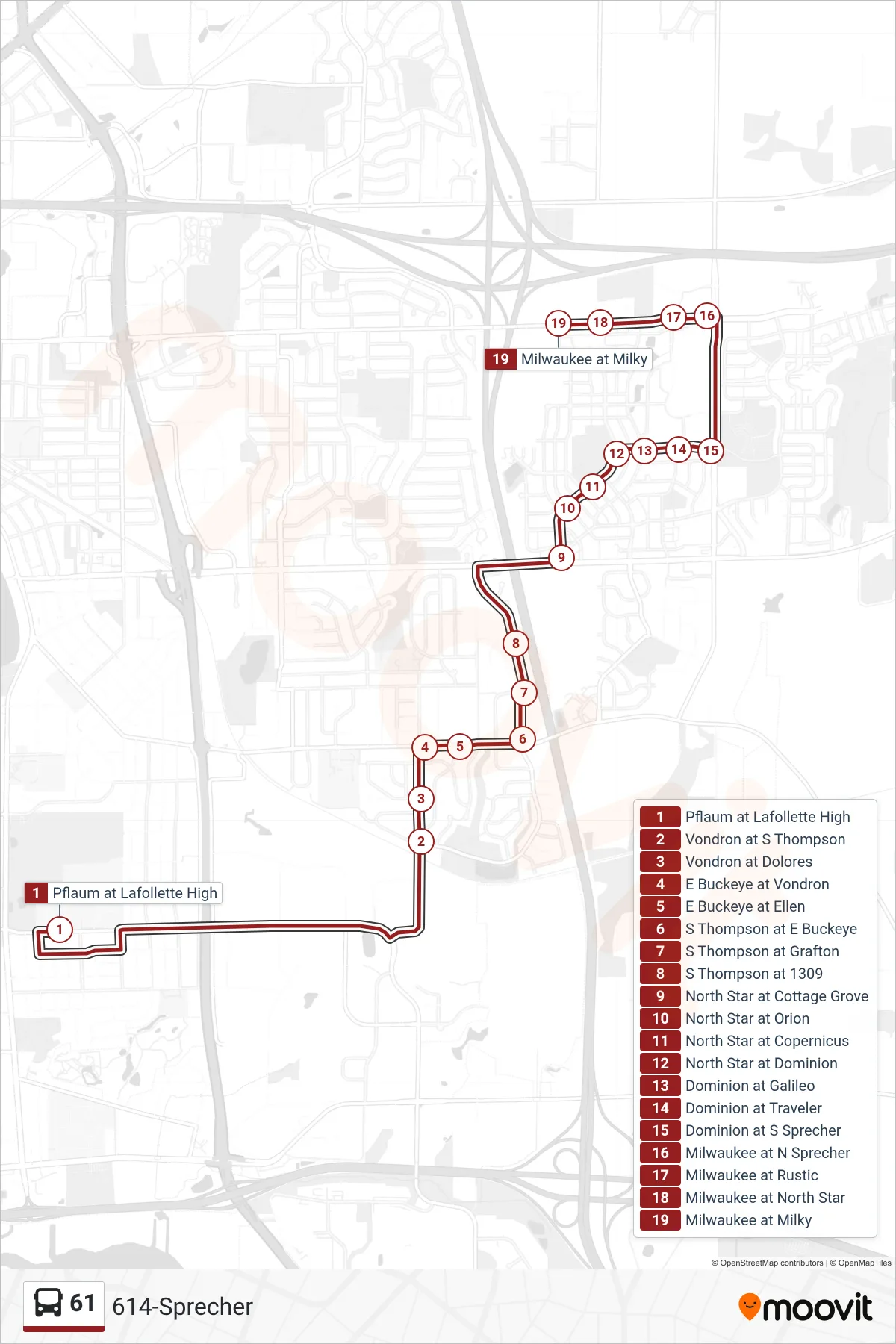 61 bus Line (614-Sprecher) route and stops on a map