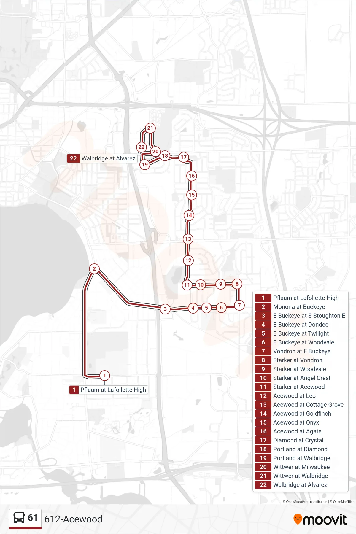 61 bus Line (612-Acewood) route and stops on a map