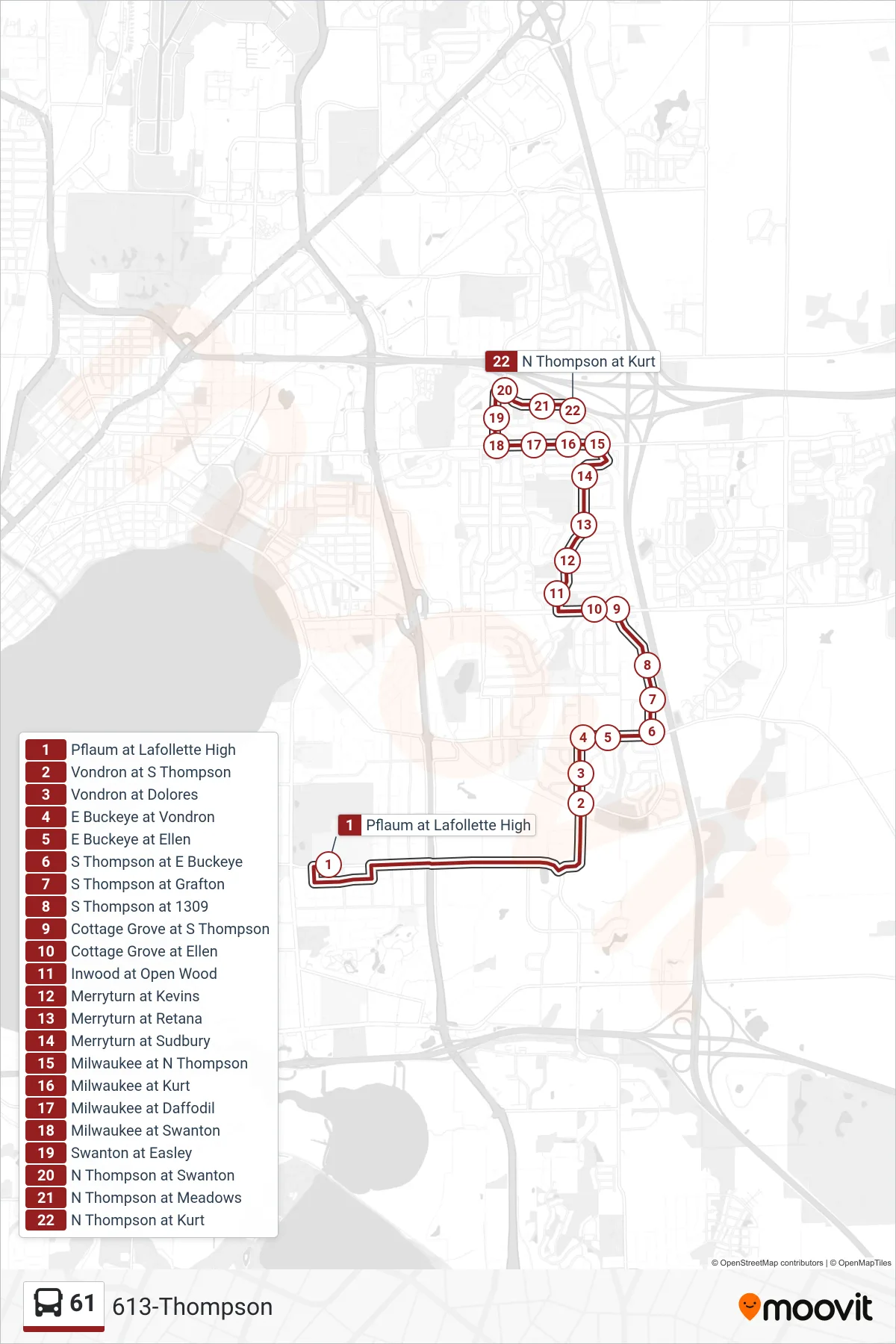 61 bus Line (613-Thompson) route and stops on a map