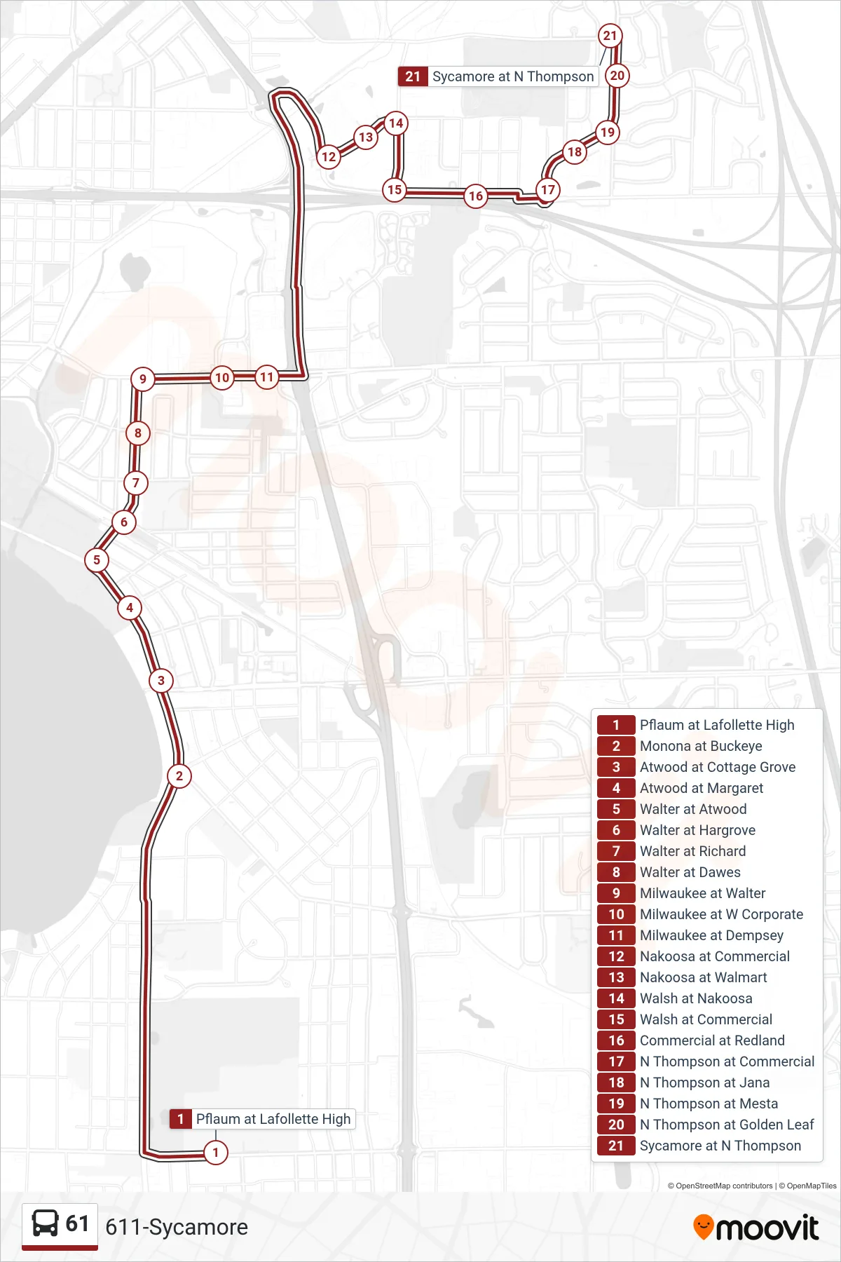 61 bus Line (611-Sycamore) route and stops on a map