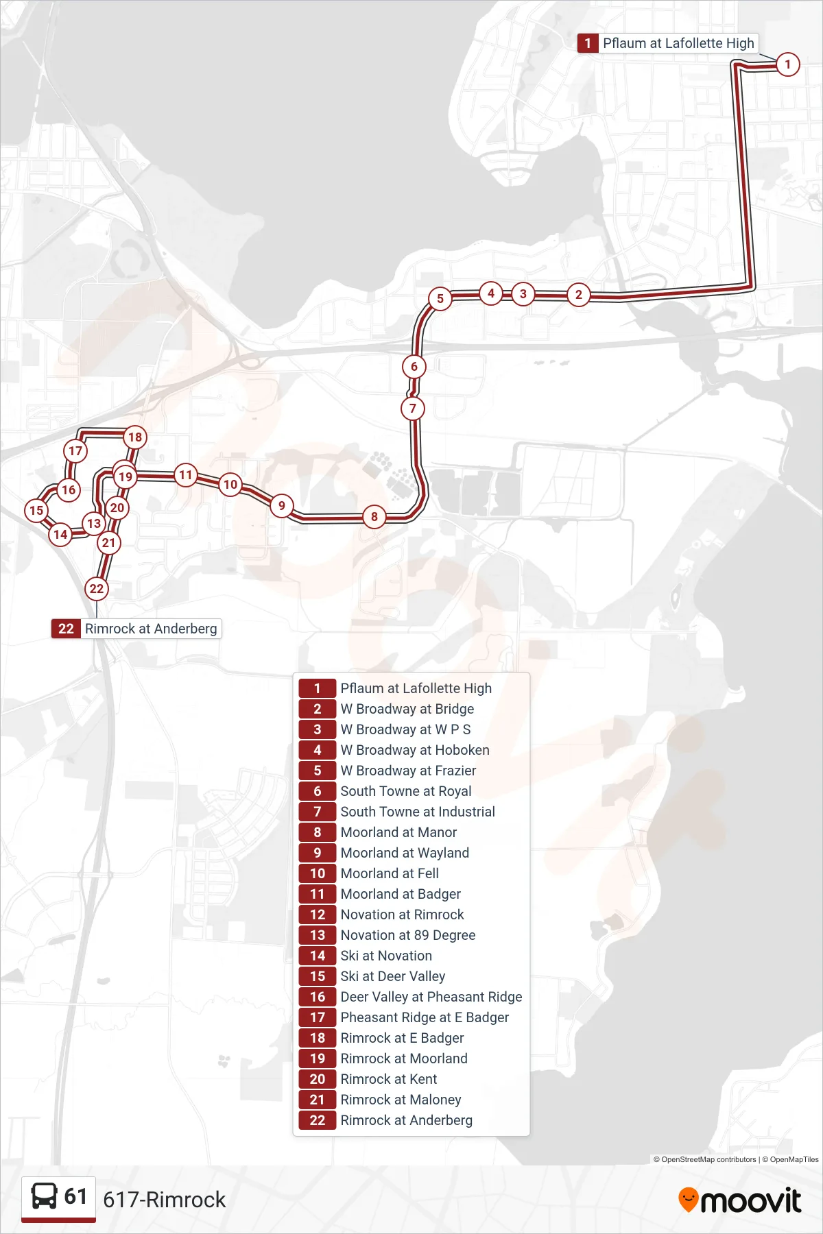 61 bus Line (617-Rimrock) route and stops on a map
