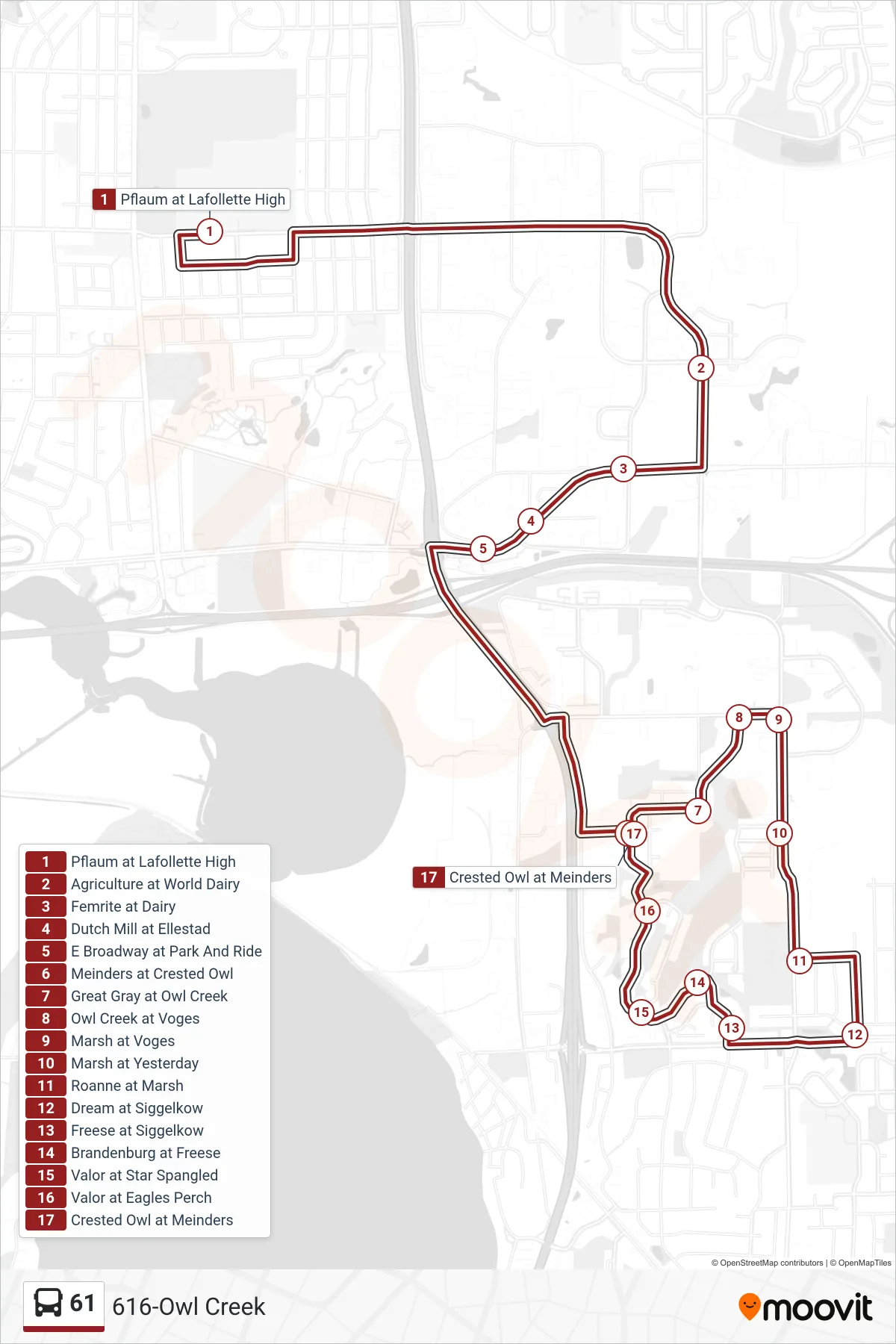 61 bus Line (616-Owl Creek) route and stops on a map