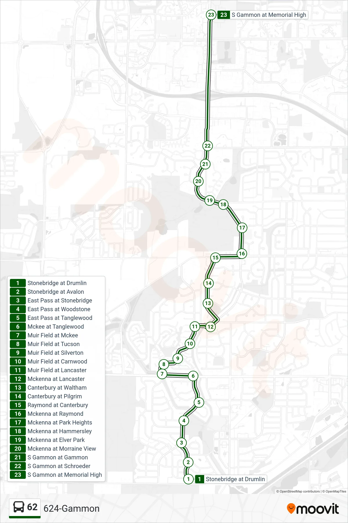 62 bus Line (624-Gammon) route and stops on a map