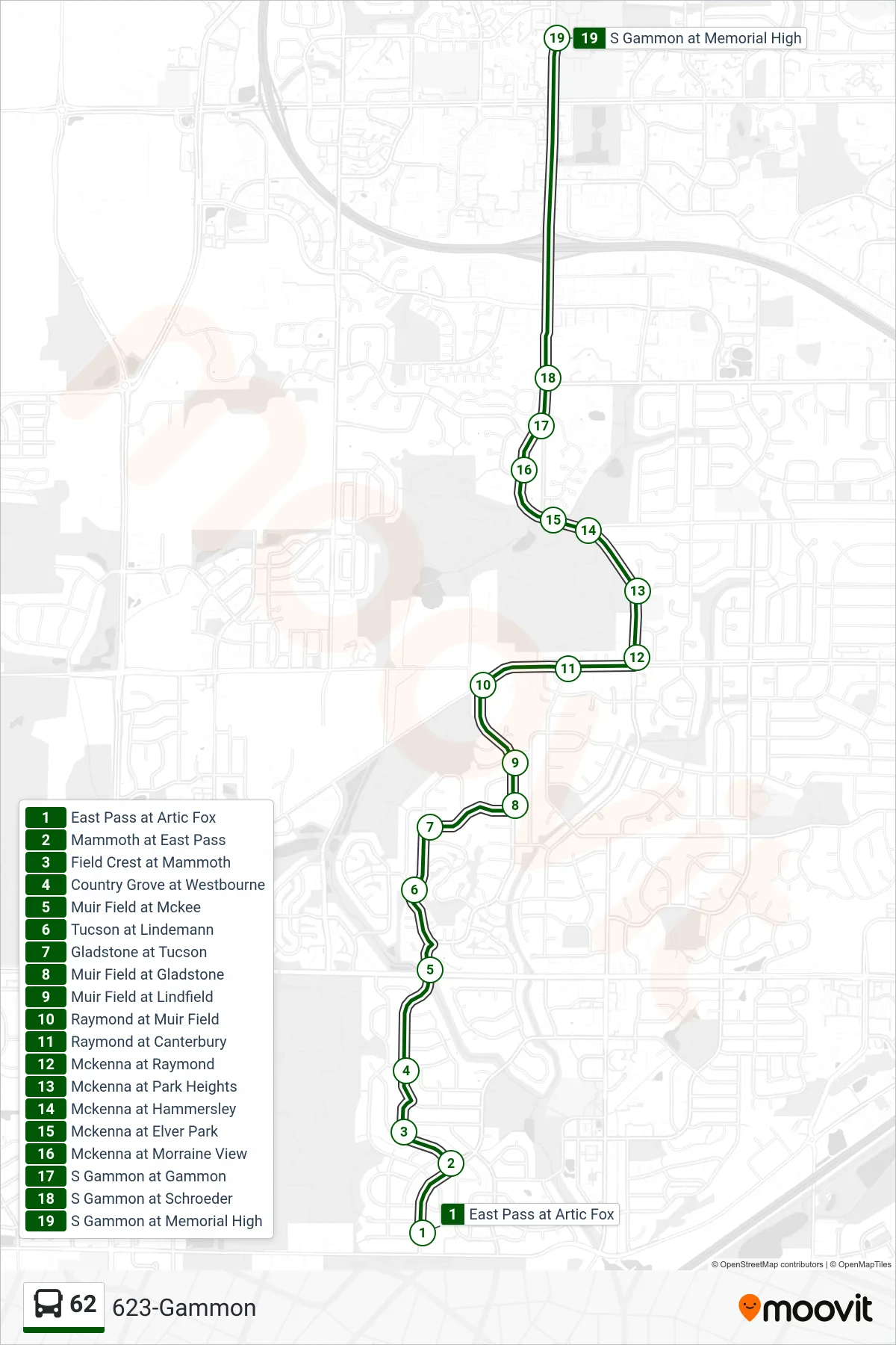 62 bus Line (623-Gammon) route and stops on a map