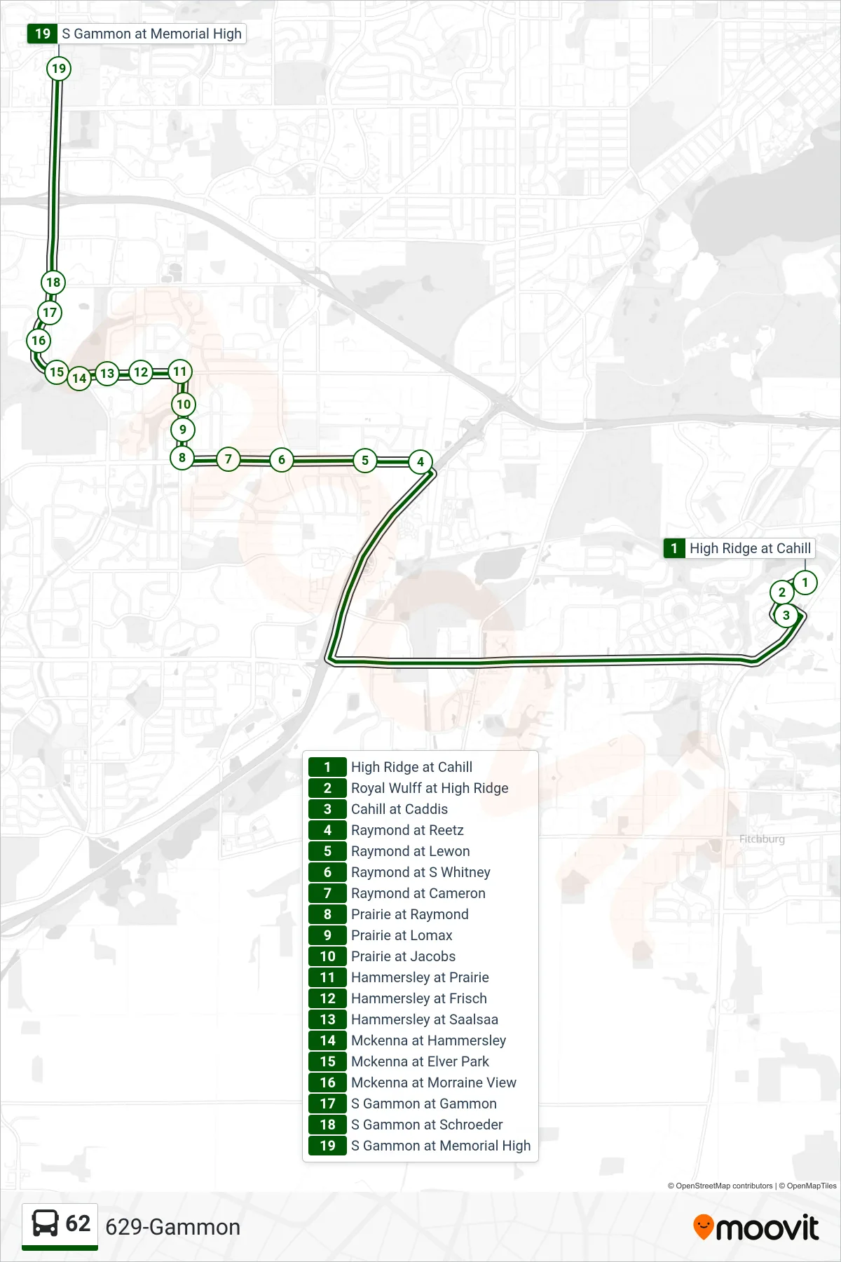 62 bus Line (629-Gammon) route and stops on a map