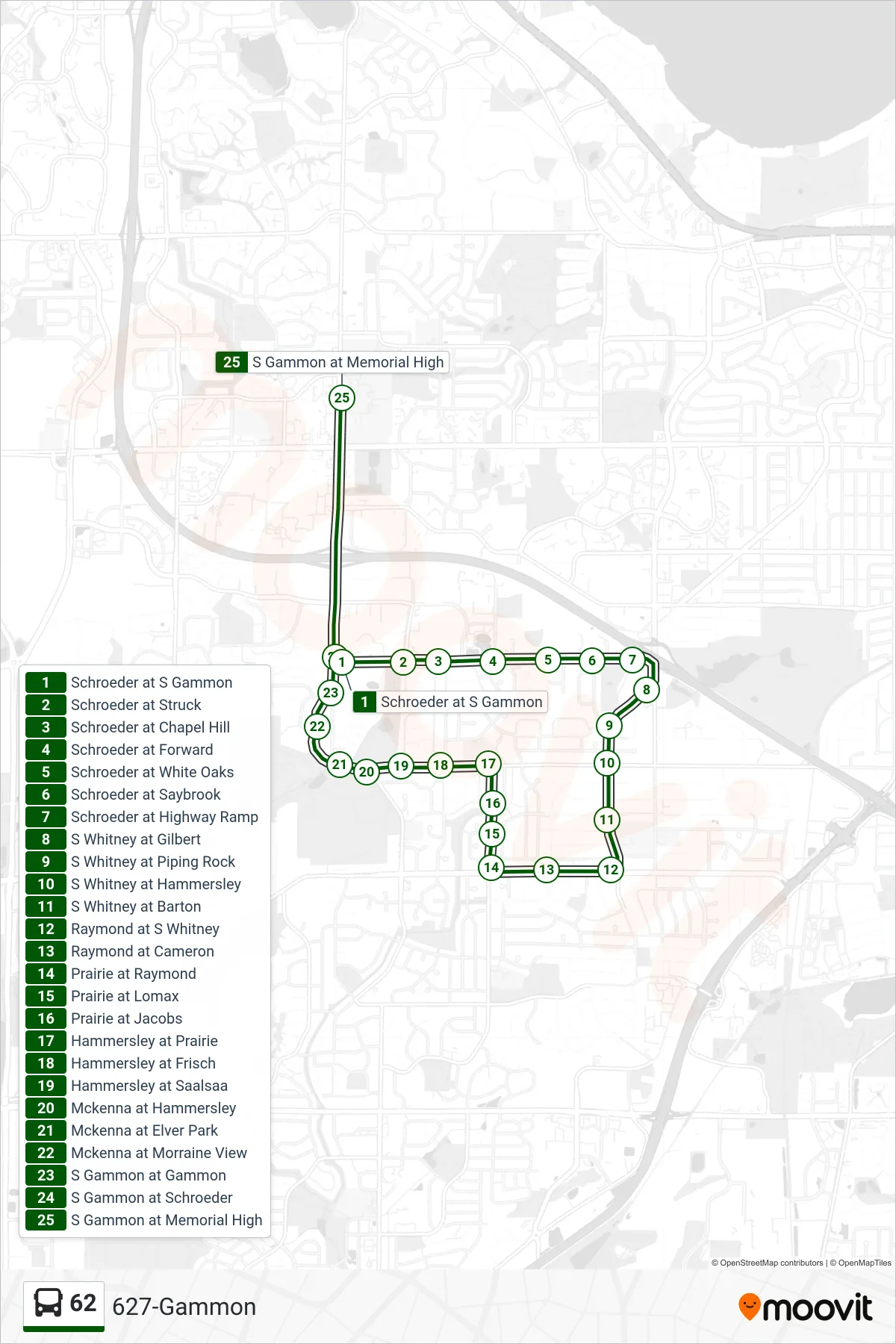62 bus Line (627-Gammon) route and stops on a map