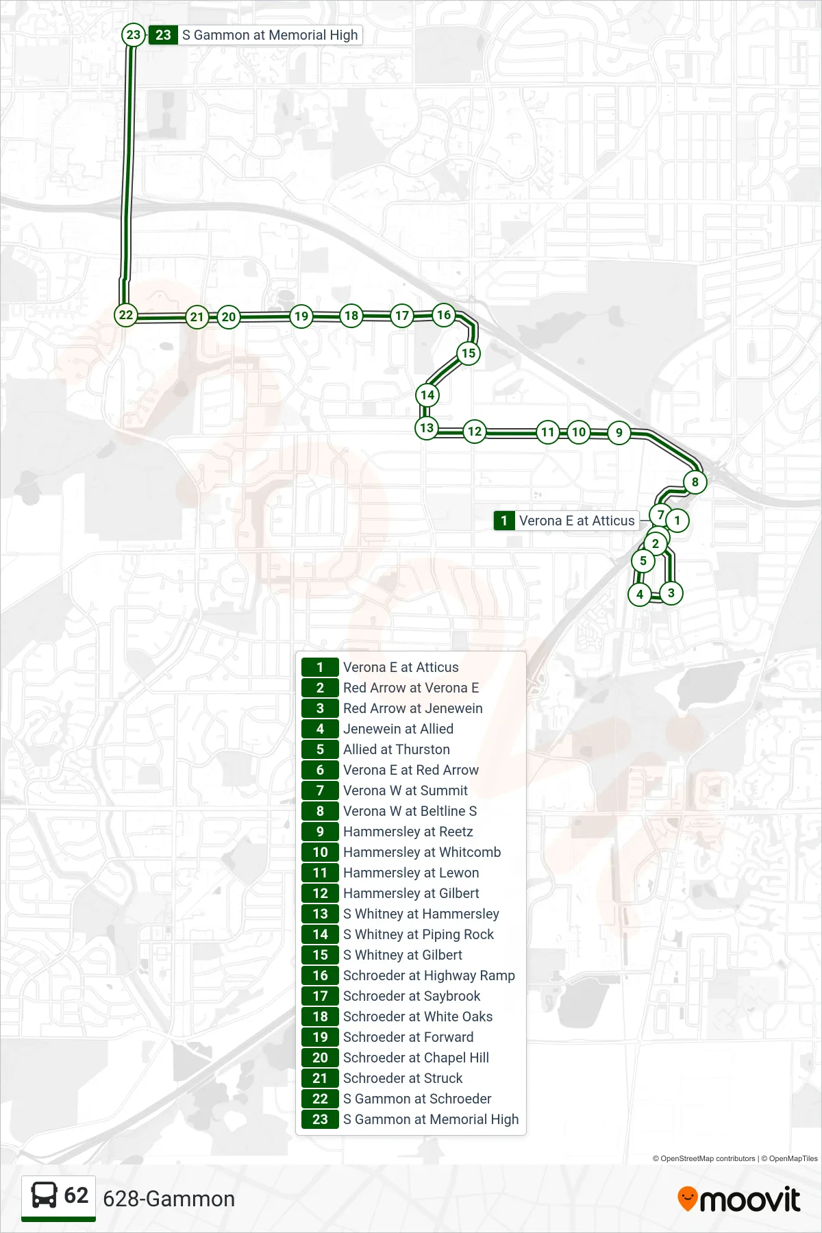 62 bus Line (628-Gammon) route and stops on a map