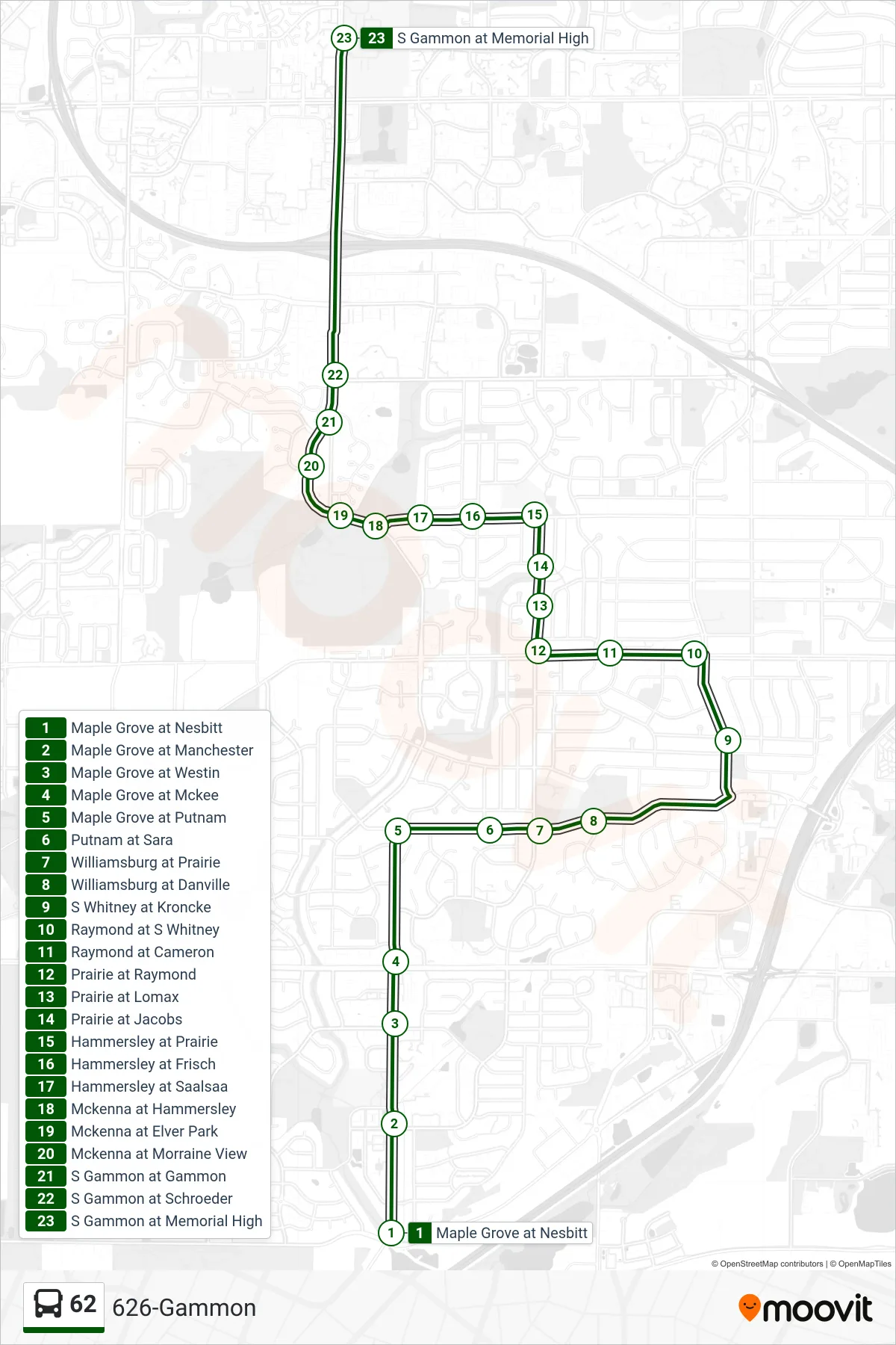 62 bus Line (626-Gammon) route and stops on a map