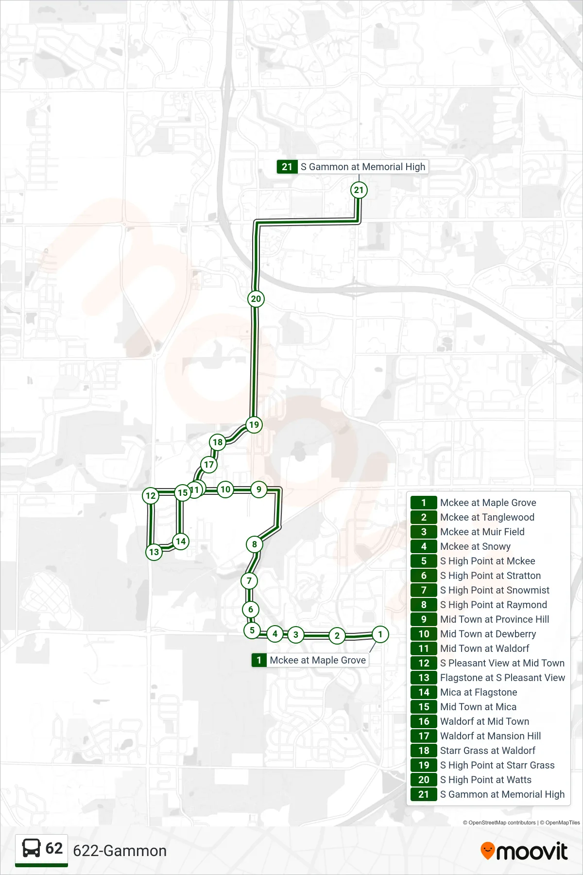 62 bus Line (622-Gammon) route and stops on a map