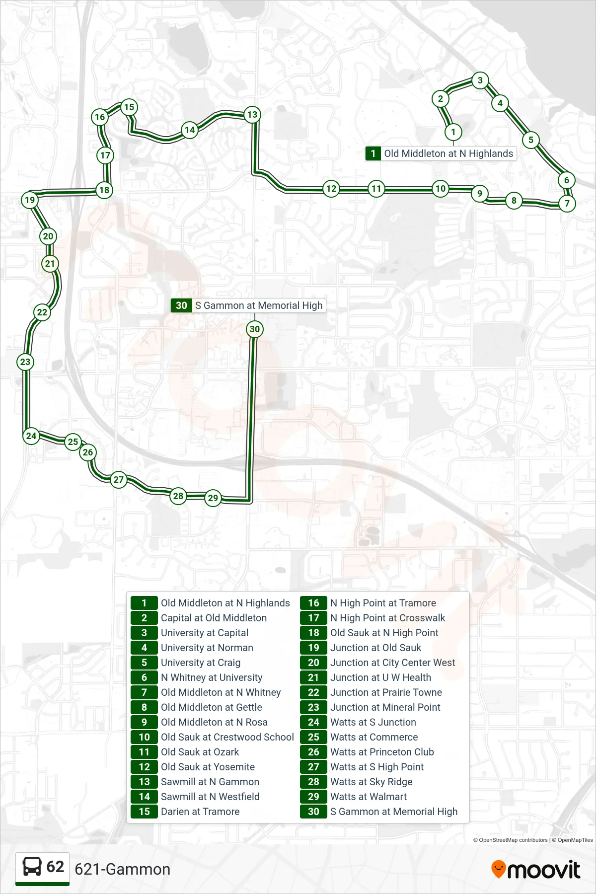 62 bus Line (621-Gammon) route and stops on a map