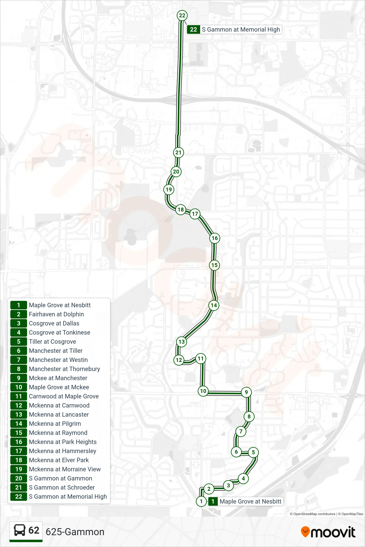 62 bus Line (625-Gammon) route and stops on a map