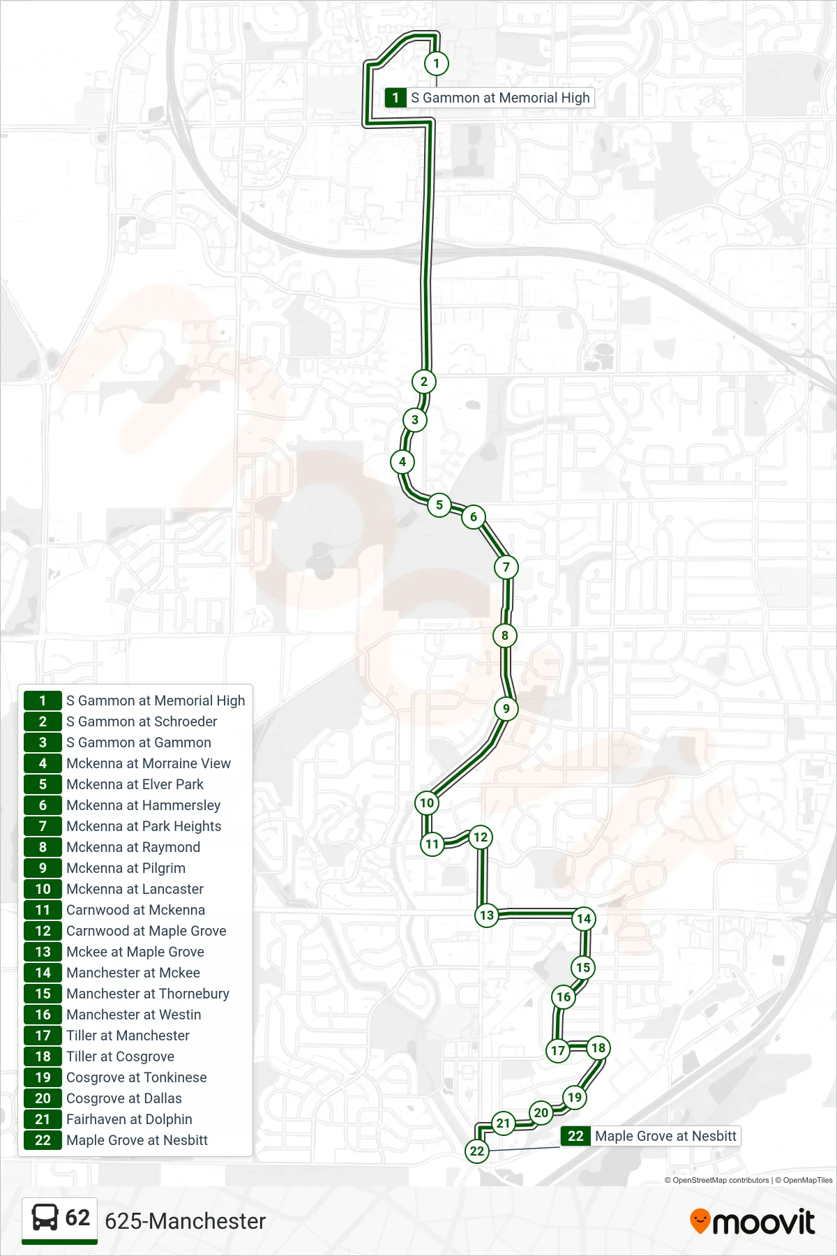 62 bus Line (625-Manchester) route and stops on a map