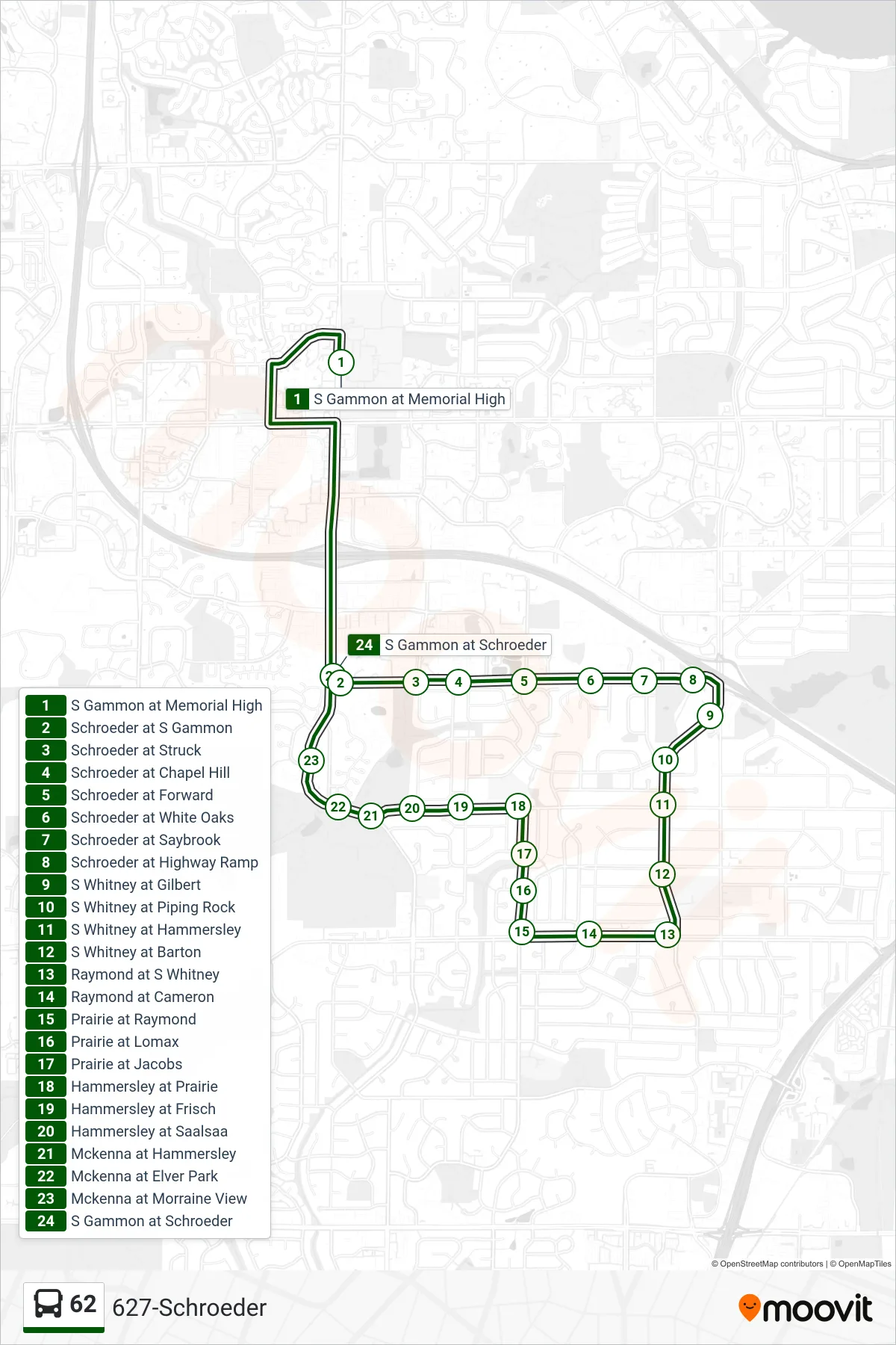 62 bus Line (627-Schroeder) route and stops on a map