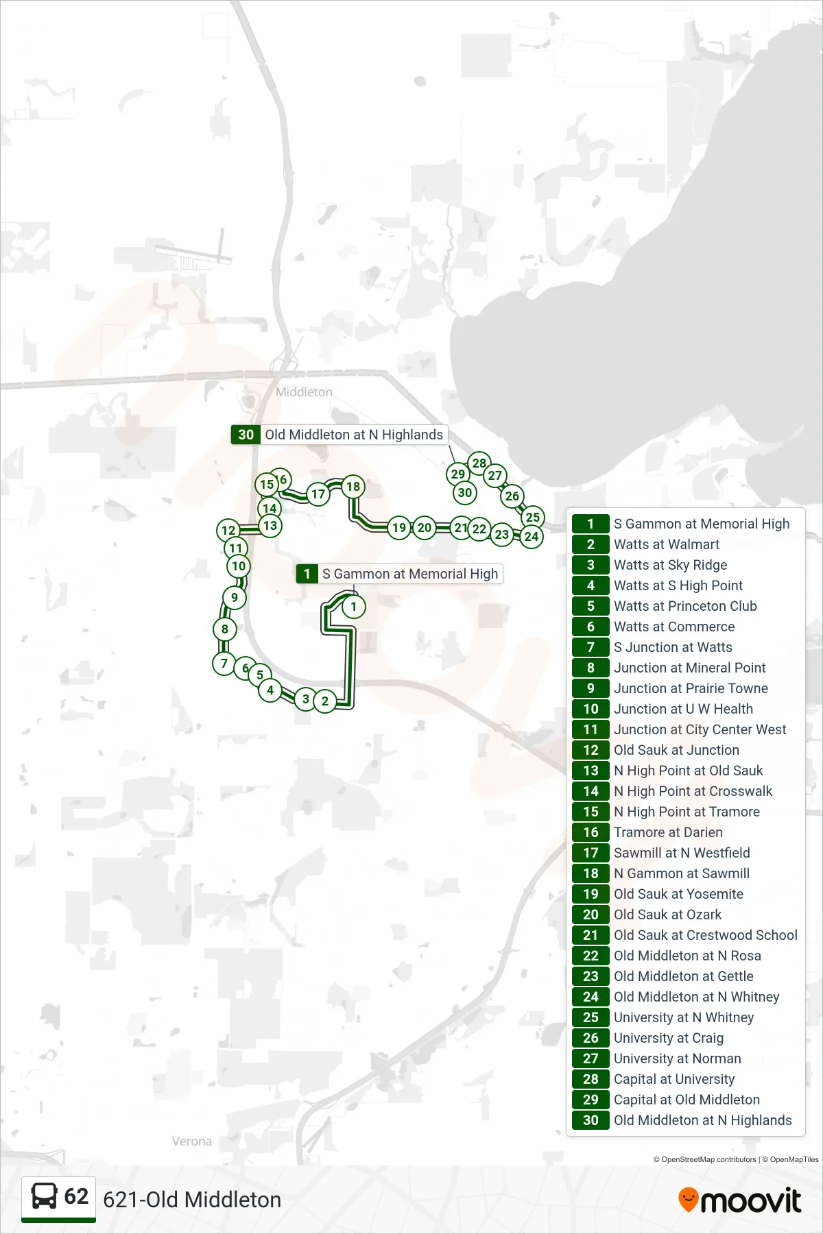 62 bus Line (621-Old Middleton) route and stops on a map